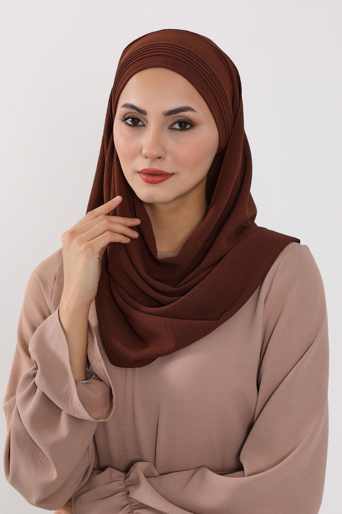 Luxury Instant Pleated Shawl Hijab for Women, Modest Wear Lightweight Aerobin Scarf, Practical Pleated Headscarf for Work, Travel & Events,CPS-90 Brown