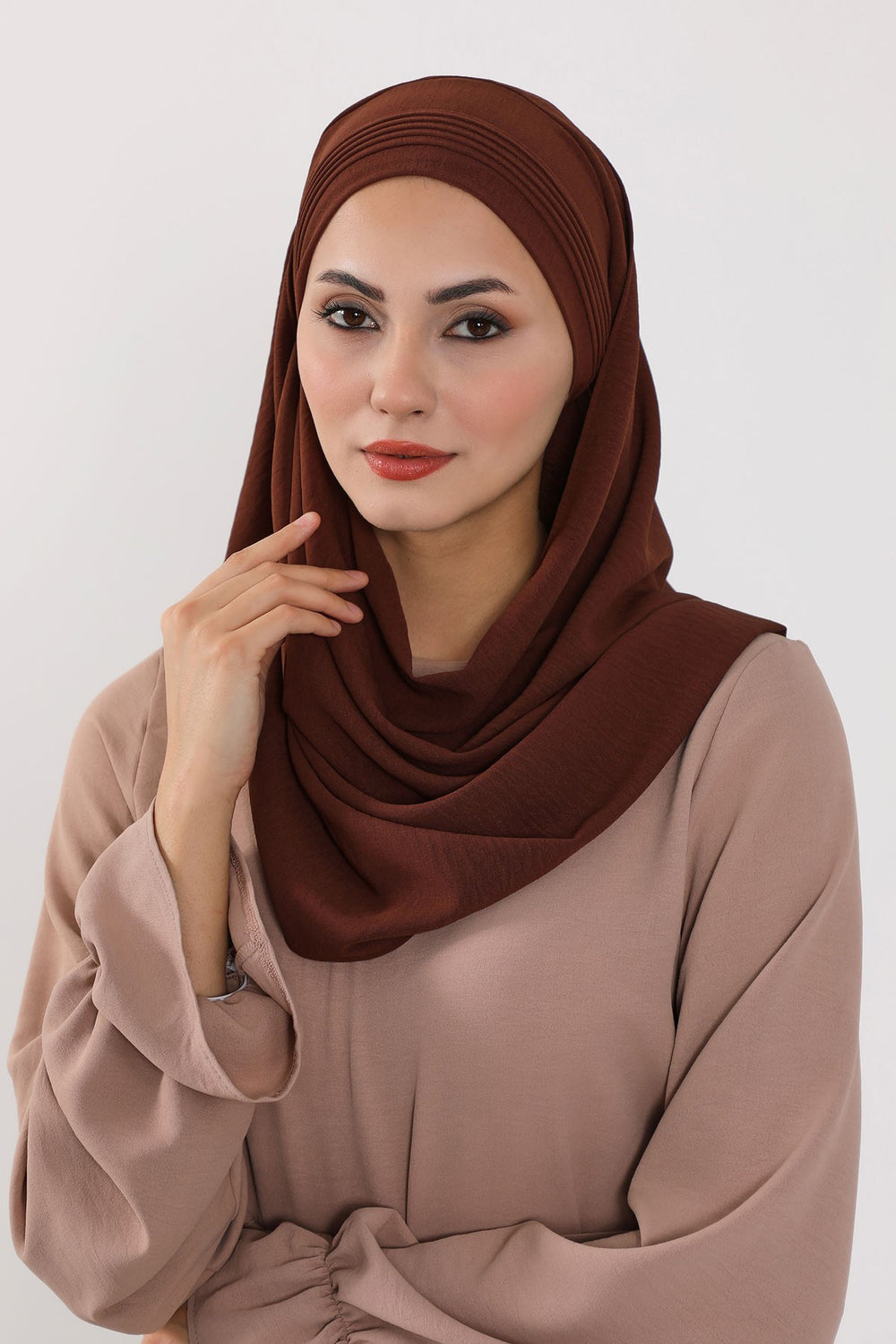 Luxury Instant Pleated Shawl Hijab for Women, Modest Wear Lightweight Aerobin Scarf, Practical Pleated Headscarf for Work, Travel & Events,CPS-90 Brown