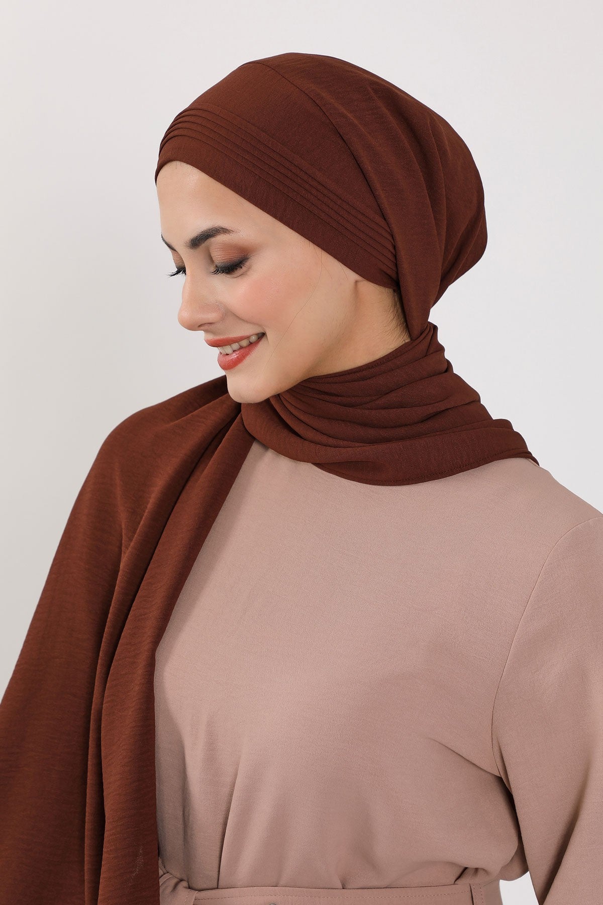 Luxury Instant Pleated Shawl Hijab for Women, Modest Wear Lightweight Aerobin Scarf, Practical Pleated Headscarf for Work, Travel & Events,CPS-90 Brown
