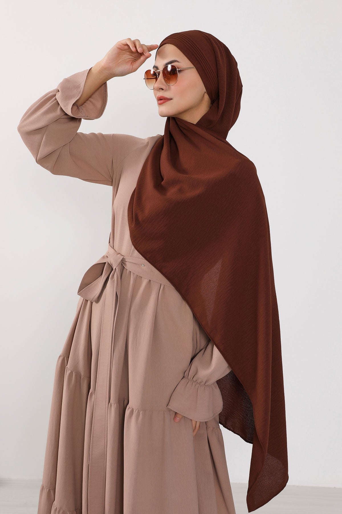 Luxury Instant Pleated Shawl Hijab for Women, Modest Wear Lightweight Aerobin Scarf, Practical Pleated Headscarf for Work, Travel & Events,CPS-90 Brown