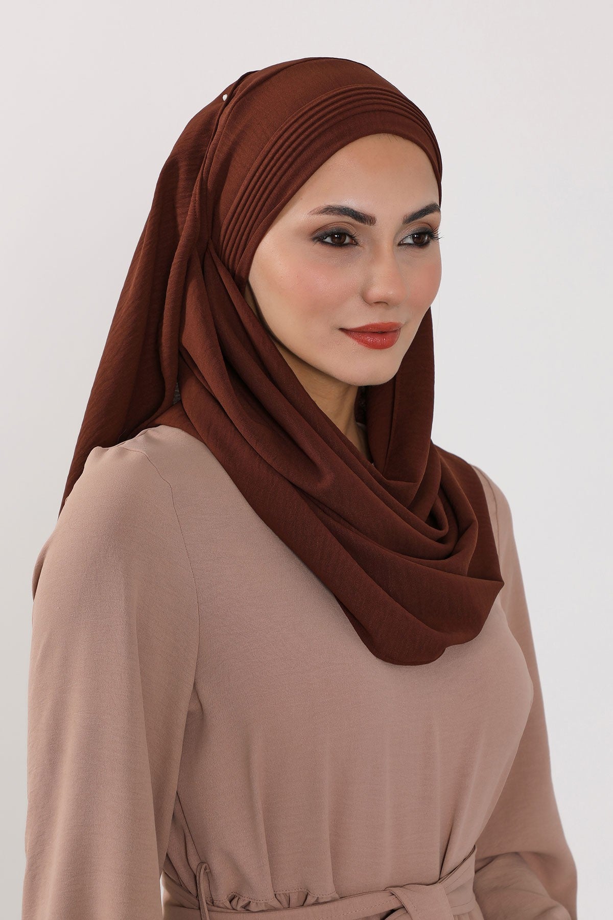 Luxury Instant Pleated Shawl Hijab for Women, Modest Wear Lightweight Aerobin Scarf, Practical Pleated Headscarf for Work, Travel & Events,CPS-90 Brown