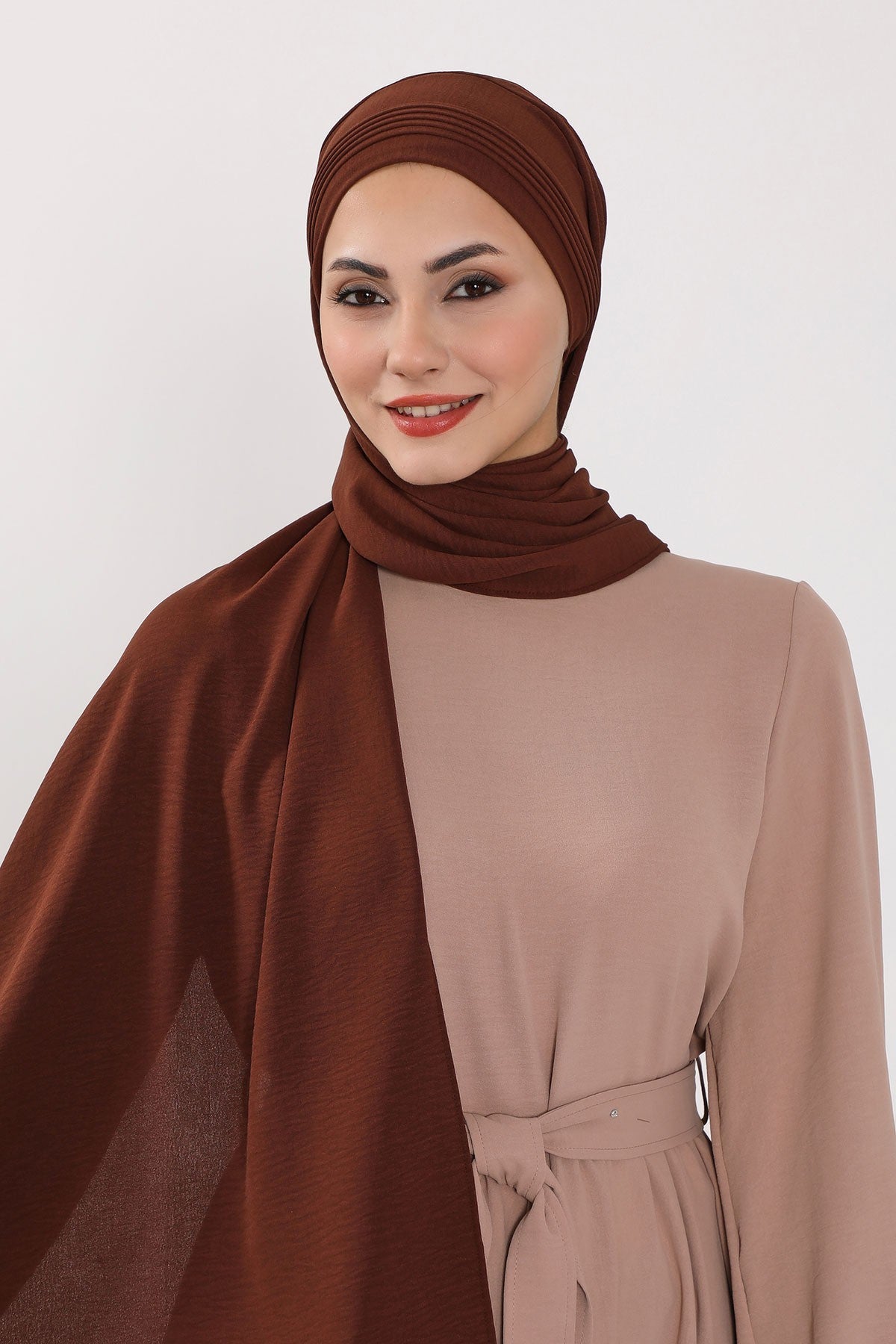 Luxury Instant Pleated Shawl Hijab for Women, Modest Wear Lightweight Aerobin Scarf, Practical Pleated Headscarf for Work, Travel & Events,CPS-90 Brown