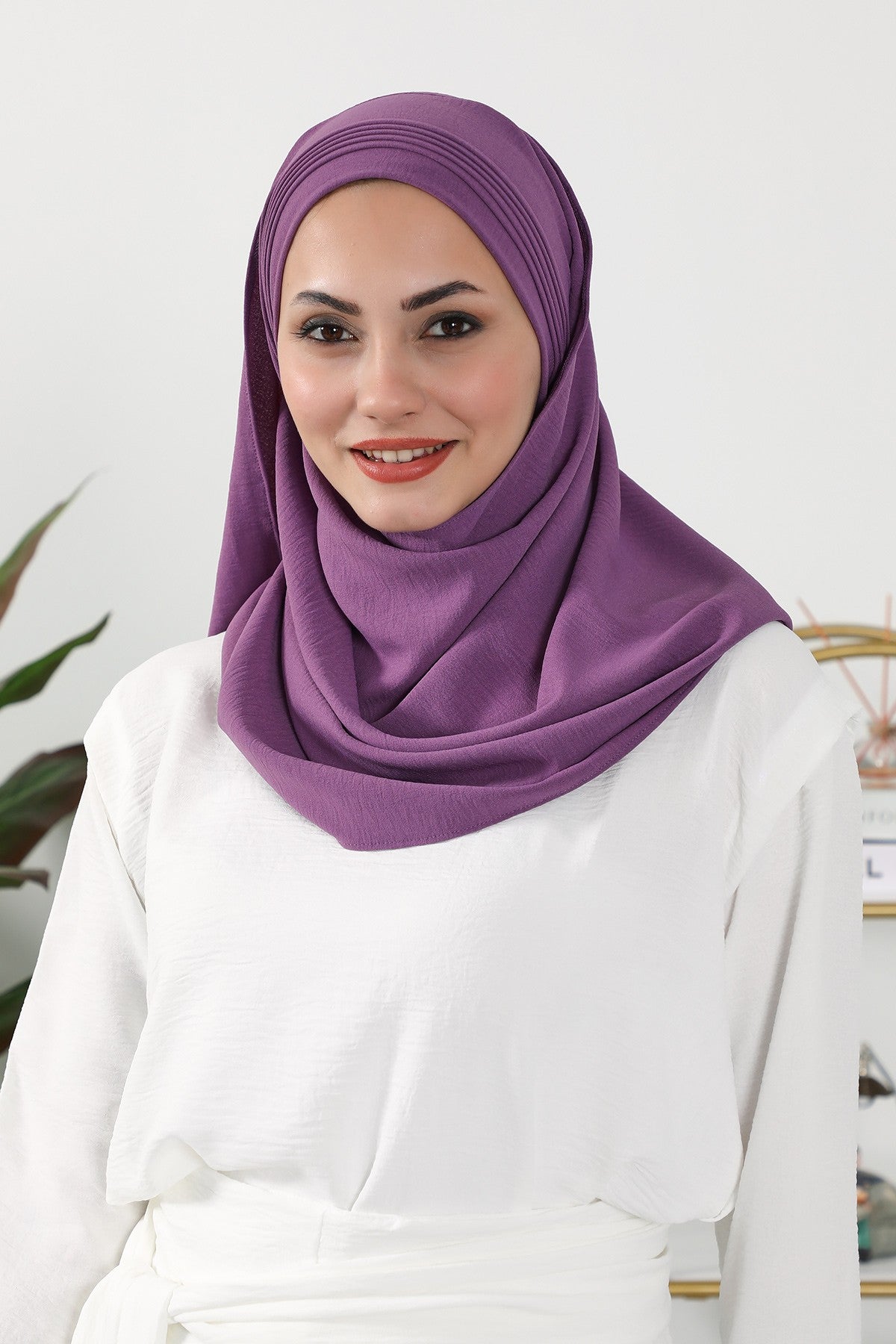 Luxury Instant Pleated Shawl Hijab for Women, Modest Wear Lightweight Aerobin Scarf, Practical Pleated Headscarf for Work, Travel & Events,CPS-90 Purple 2
