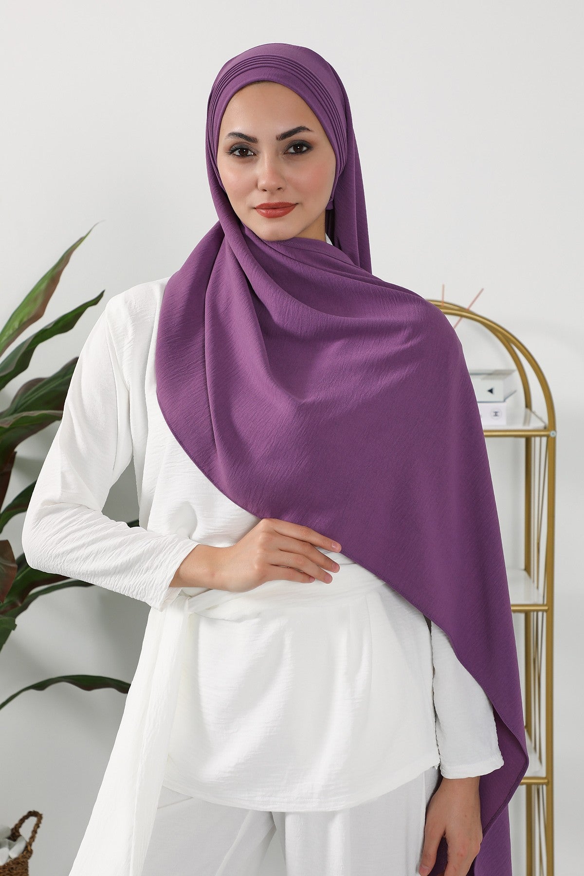 Luxury Instant Pleated Shawl Hijab for Women, Modest Wear Lightweight Aerobin Scarf, Practical Pleated Headscarf for Work, Travel & Events,CPS-90 Purple 2