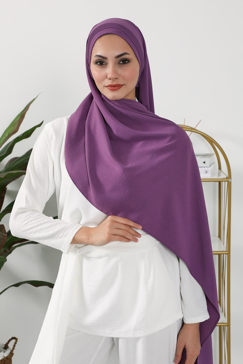Luxury Instant Pleated Shawl Hijab for Women, Modest Wear Lightweight Aerobin Scarf, Practical Pleated Headscarf for Work, Travel & Events,CPS-90 Purple 2