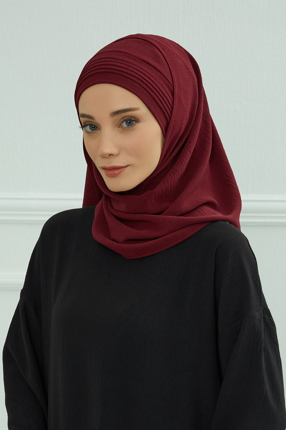 Luxury Instant Pleated Shawl Hijab for Women, Modest Wear Lightweight Aerobin Scarf, Practical Pleated Headscarf for Work, Travel & Events,CPS-90 Maroon