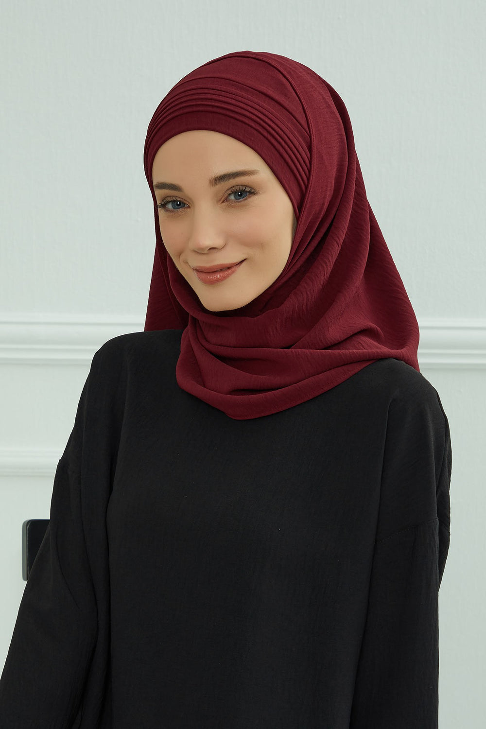 Luxury Instant Pleated Shawl Hijab for Women, Modest Wear Lightweight Aerobin Scarf, Practical Pleated Headscarf for Work, Travel & Events,CPS-90 Maroon