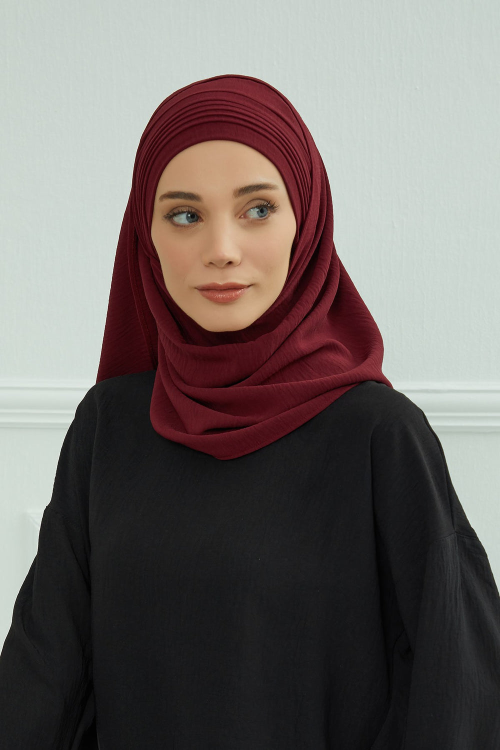 Luxury Instant Pleated Shawl Hijab for Women, Modest Wear Lightweight Aerobin Scarf, Practical Pleated Headscarf for Work, Travel & Events,CPS-90 Maroon