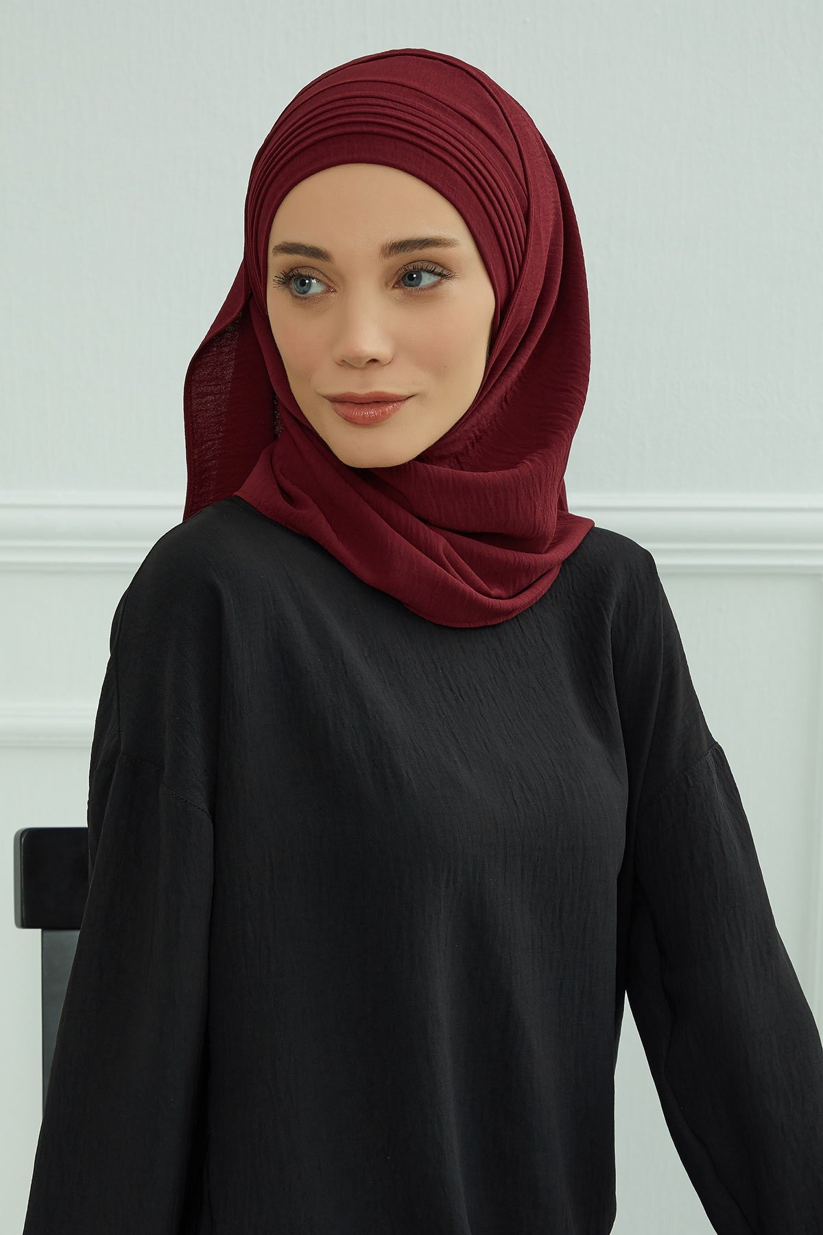 Luxury Instant Pleated Shawl Hijab for Women, Modest Wear Lightweight Aerobin Scarf, Practical Pleated Headscarf for Work, Travel & Events,CPS-90 Maroon