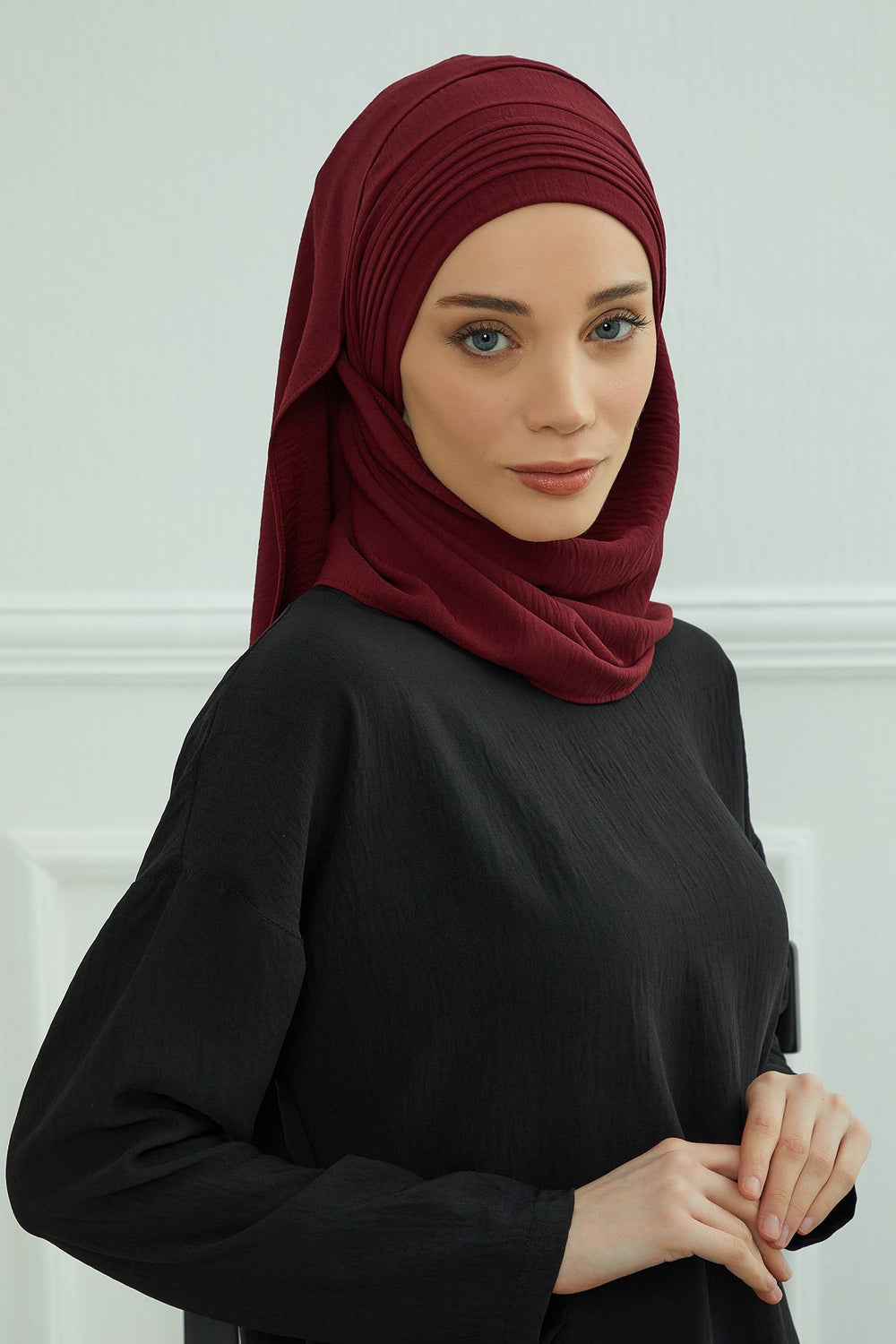 Luxury Instant Pleated Shawl Hijab for Women, Modest Wear Lightweight Aerobin Scarf, Practical Pleated Headscarf for Work, Travel & Events,CPS-90 Maroon