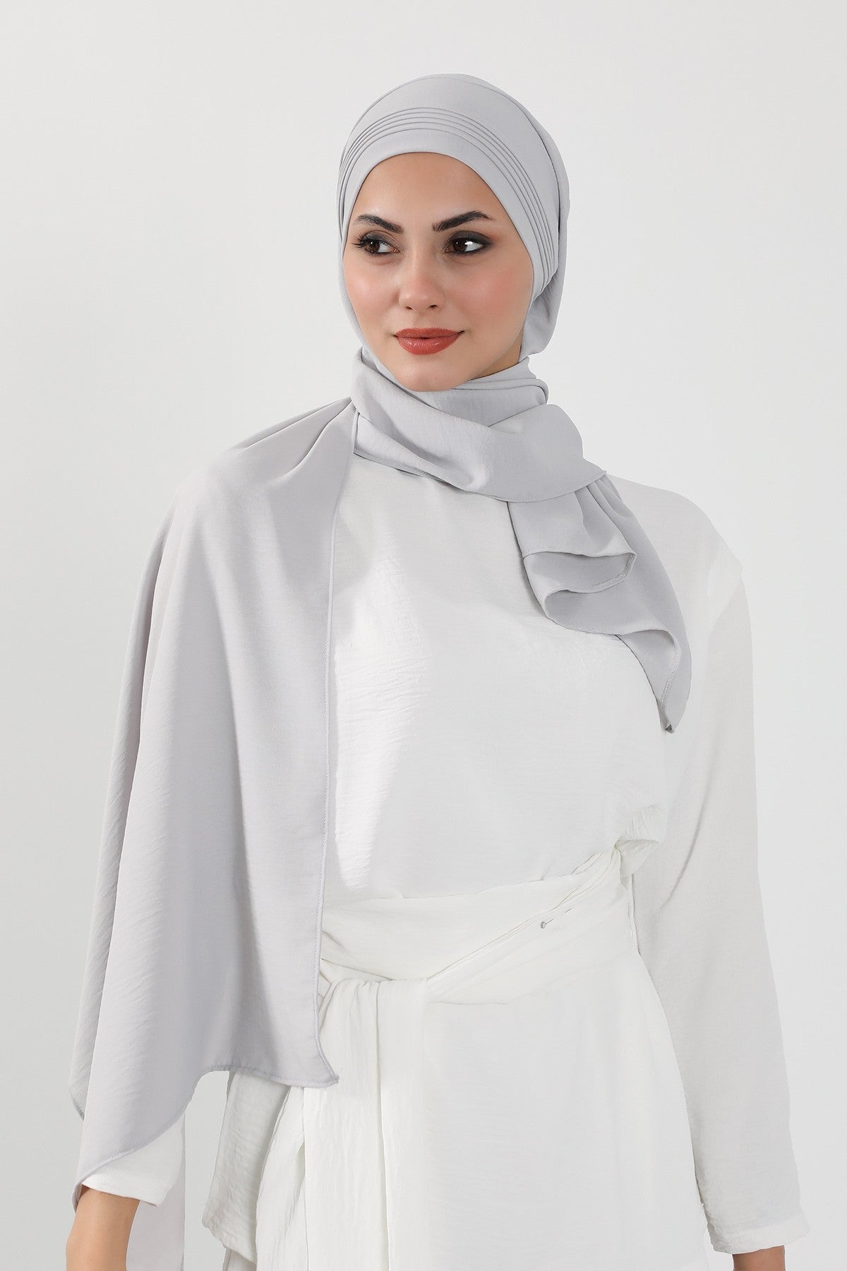 Luxury Instant Pleated Shawl Hijab for Women, Modest Wear Lightweight Aerobin Scarf, Practical Pleated Headscarf for Work, Travel & Events,CPS-90 Light Grey