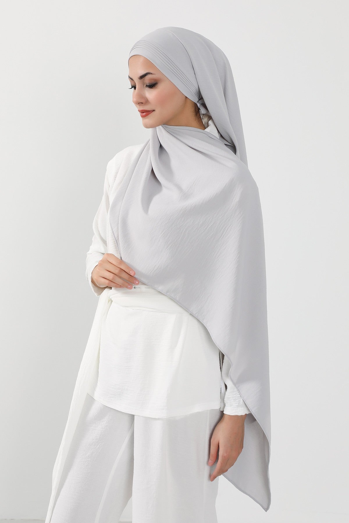 Luxury Instant Pleated Shawl Hijab for Women, Modest Wear Lightweight Aerobin Scarf, Practical Pleated Headscarf for Work, Travel & Events,CPS-90 Light Grey