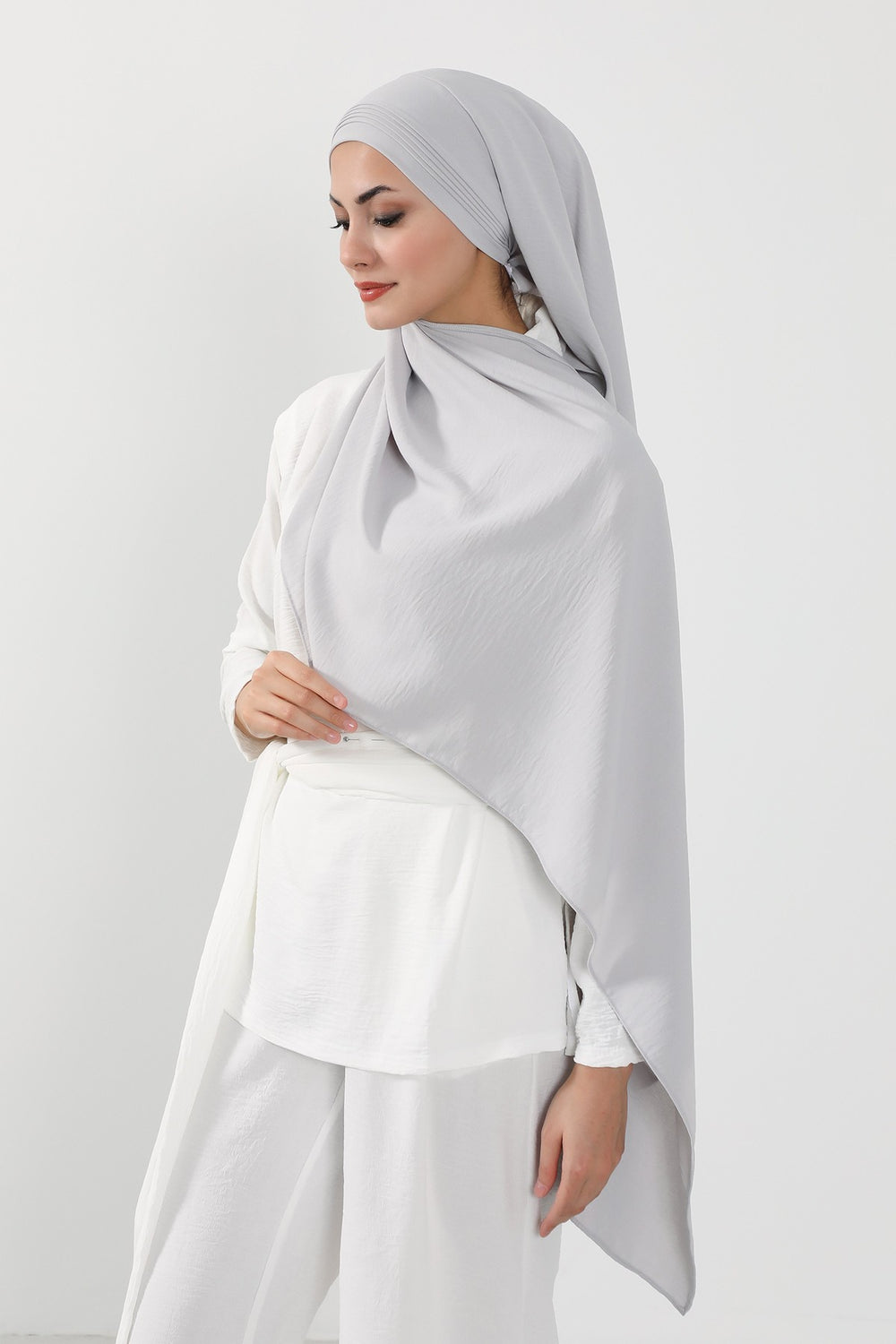 Luxury Instant Pleated Shawl Hijab for Women, Modest Wear Lightweight Aerobin Scarf, Practical Pleated Headscarf for Work, Travel & Events,CPS-90 Light Grey