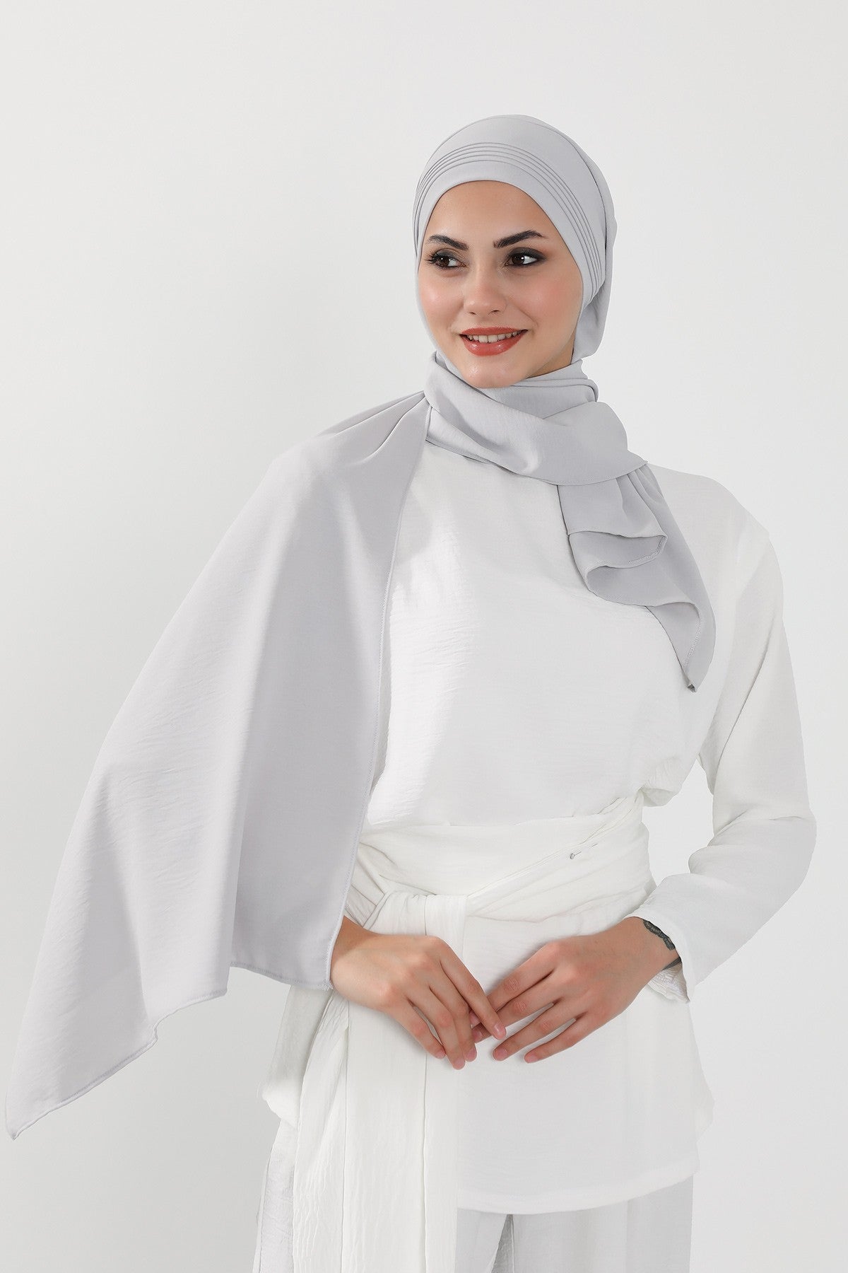 Luxury Instant Pleated Shawl Hijab for Women, Modest Wear Lightweight Aerobin Scarf, Practical Pleated Headscarf for Work, Travel & Events,CPS-90 Light Grey