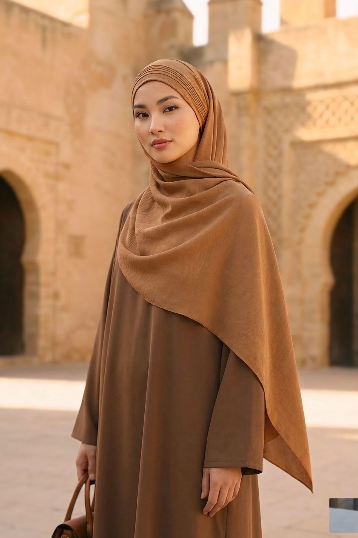 Luxury Instant Pleated Shawl Hijab for Women, Modest Wear Lightweight Aerobin Scarf, Practical Pleated Headscarf for Work, Travel & Events,CPS-90 Camel