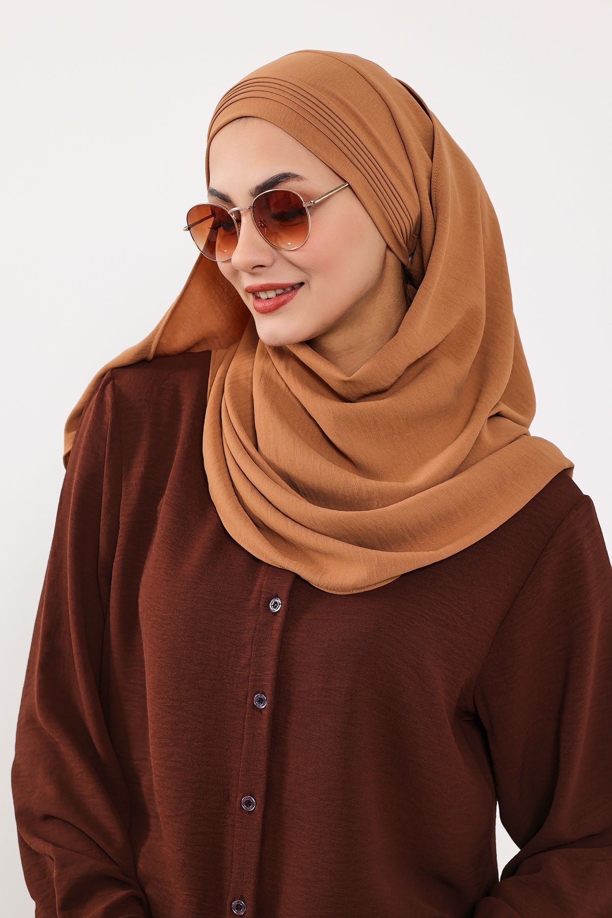Luxury Instant Pleated Shawl Hijab for Women, Modest Wear Lightweight Aerobin Scarf, Practical Pleated Headscarf for Work, Travel & Events,CPS-90 Camel
