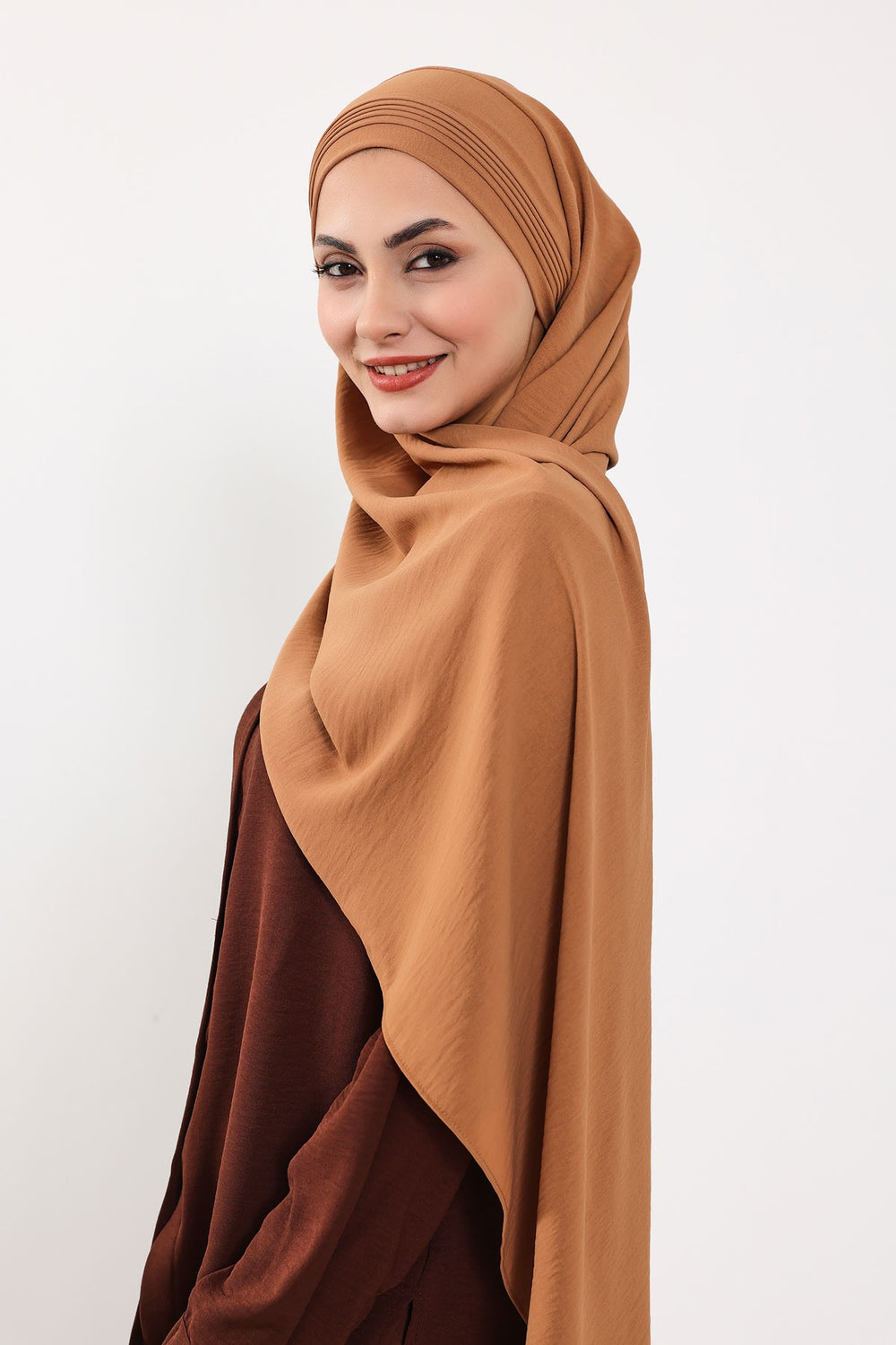 Luxury Instant Pleated Shawl Hijab for Women, Modest Wear Lightweight Aerobin Scarf, Practical Pleated Headscarf for Work, Travel & Events,CPS-90 Camel