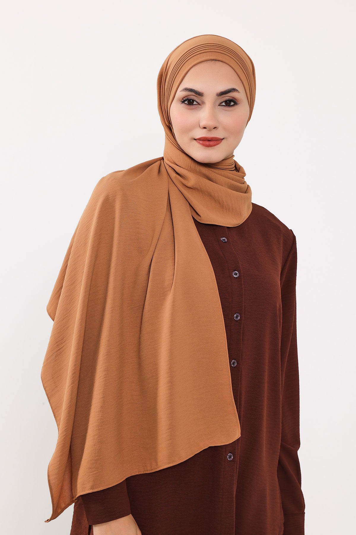 Luxury Instant Pleated Shawl Hijab for Women, Modest Wear Lightweight Aerobin Scarf, Practical Pleated Headscarf for Work, Travel & Events,CPS-90 Camel