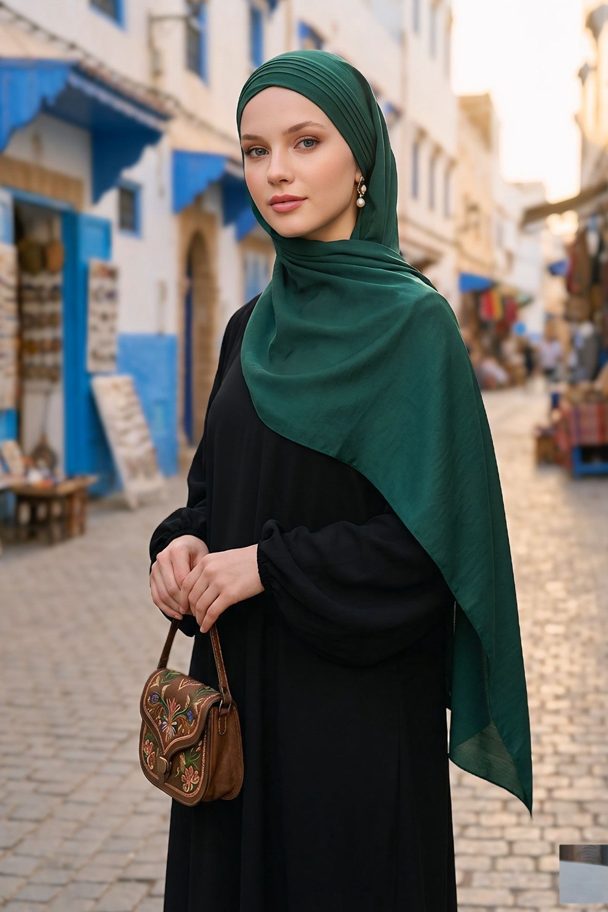 Luxury Instant Pleated Shawl Hijab for Women, Modest Wear Lightweight Aerobin Scarf, Practical Pleated Headscarf for Work, Travel & Events,CPS-90 Dark Green