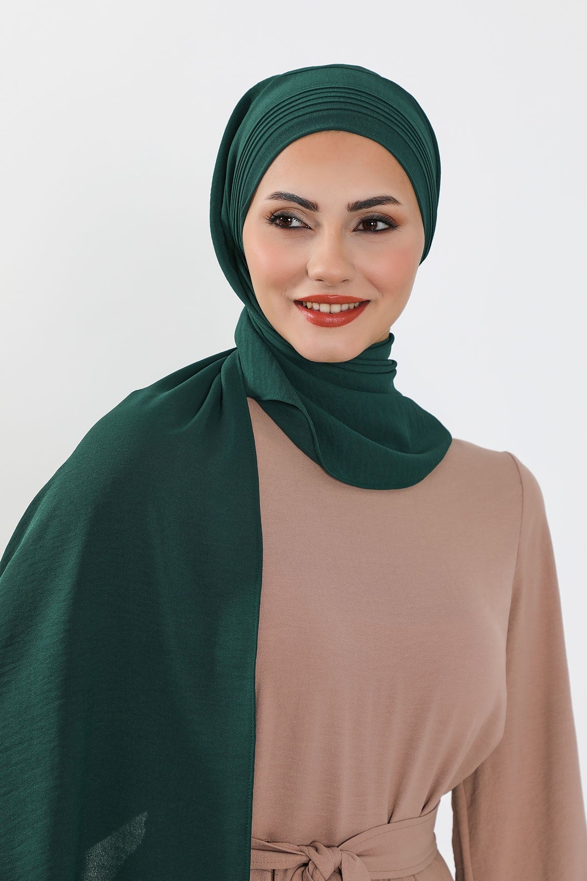 Luxury Instant Pleated Shawl Hijab for Women, Modest Wear Lightweight Aerobin Scarf, Practical Pleated Headscarf for Work, Travel & Events,CPS-90 Dark Green