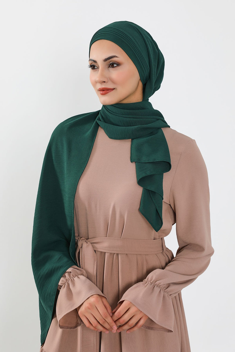 Luxury Instant Pleated Shawl Hijab for Women, Modest Wear Lightweight Aerobin Scarf, Practical Pleated Headscarf for Work, Travel & Events,CPS-90 Dark Green