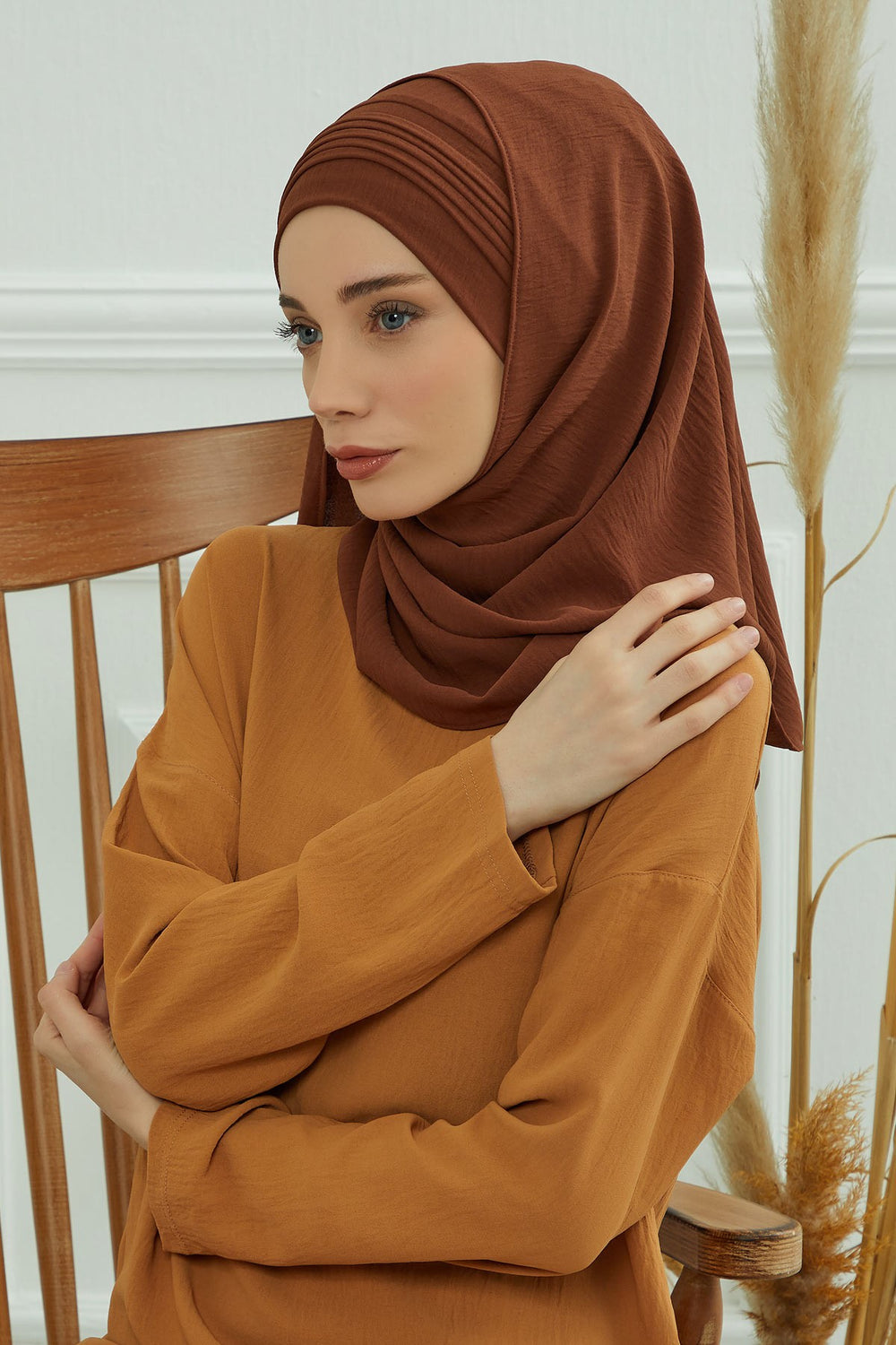 Luxury Instant Pleated Shawl Hijab for Women, Modest Wear Lightweight Aerobin Scarf, Practical Pleated Headscarf for Work, Travel & Events,CPS-90 Cinnamon