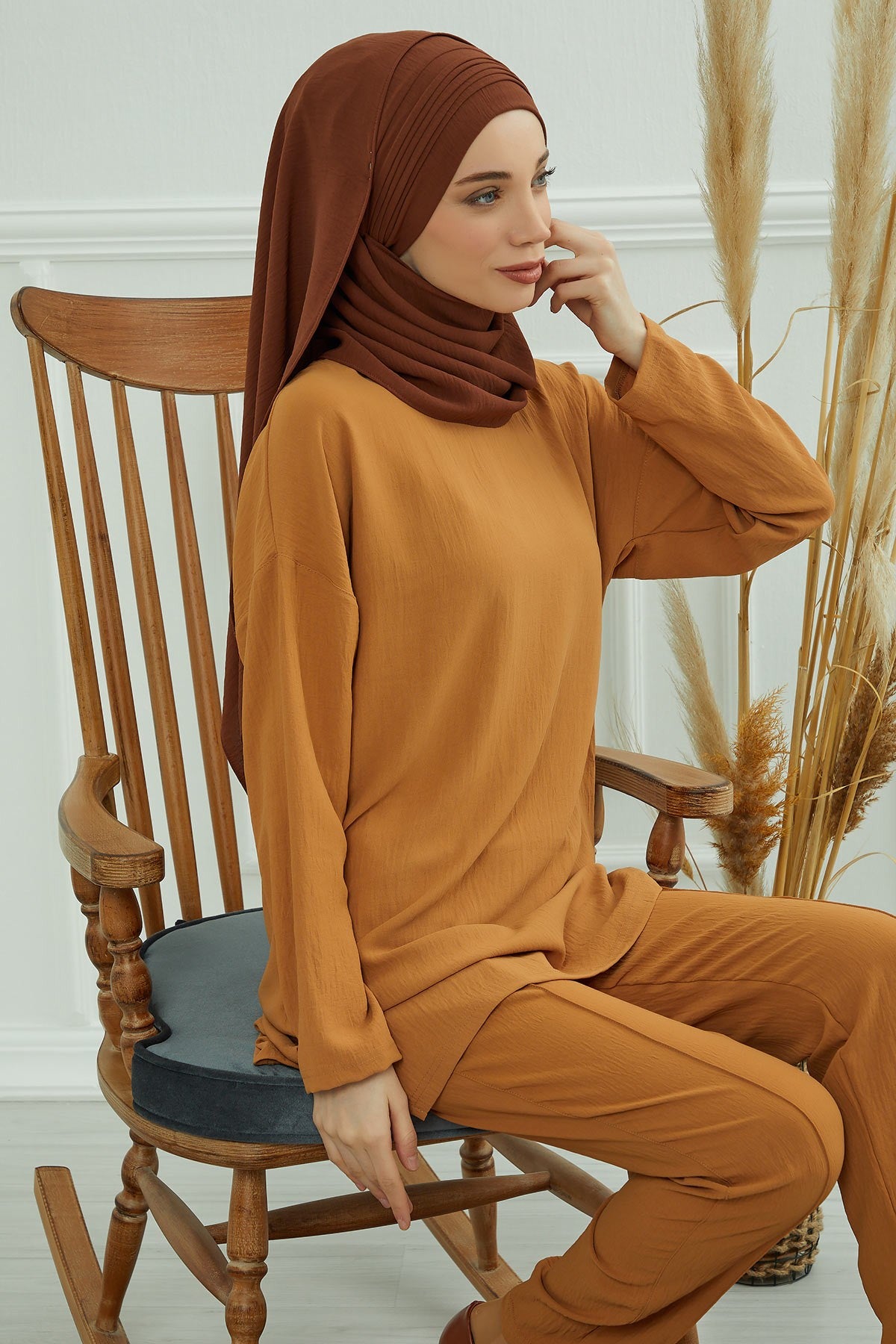 Luxury Instant Pleated Shawl Hijab for Women, Modest Wear Lightweight Aerobin Scarf, Practical Pleated Headscarf for Work, Travel & Events,CPS-90 Cinnamon