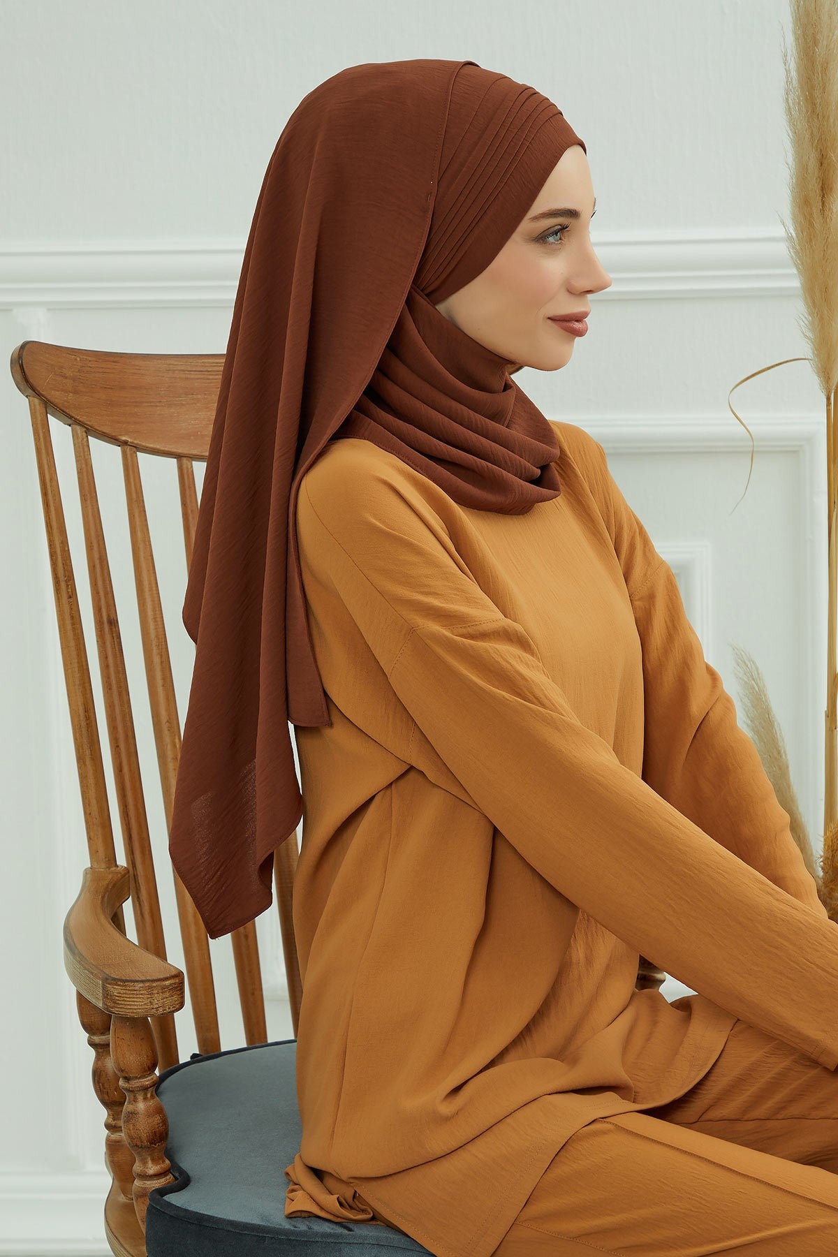 Luxury Instant Pleated Shawl Hijab for Women, Modest Wear Lightweight Aerobin Scarf, Practical Pleated Headscarf for Work, Travel & Events,CPS-90 Cinnamon