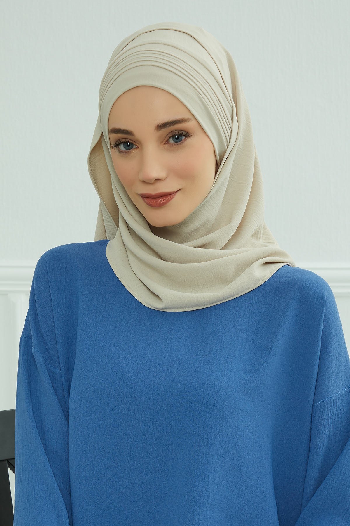 Luxury Instant Pleated Shawl Hijab for Women, Modest Wear Lightweight Aerobin Scarf, Practical Pleated Headscarf for Work, Travel & Events,CPS-90 Beige