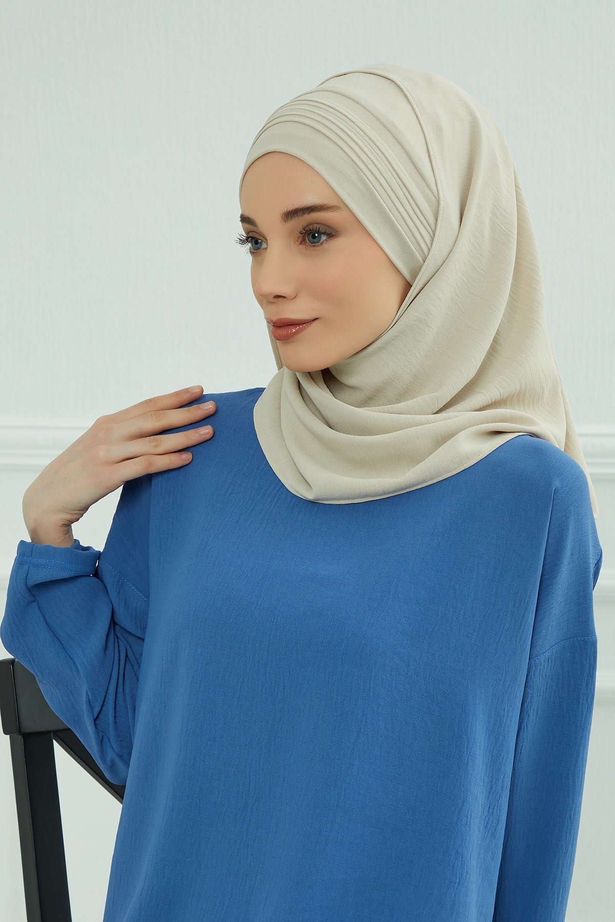 Luxury Instant Pleated Shawl Hijab for Women, Modest Wear Lightweight Aerobin Scarf, Practical Pleated Headscarf for Work, Travel & Events,CPS-90 Beige