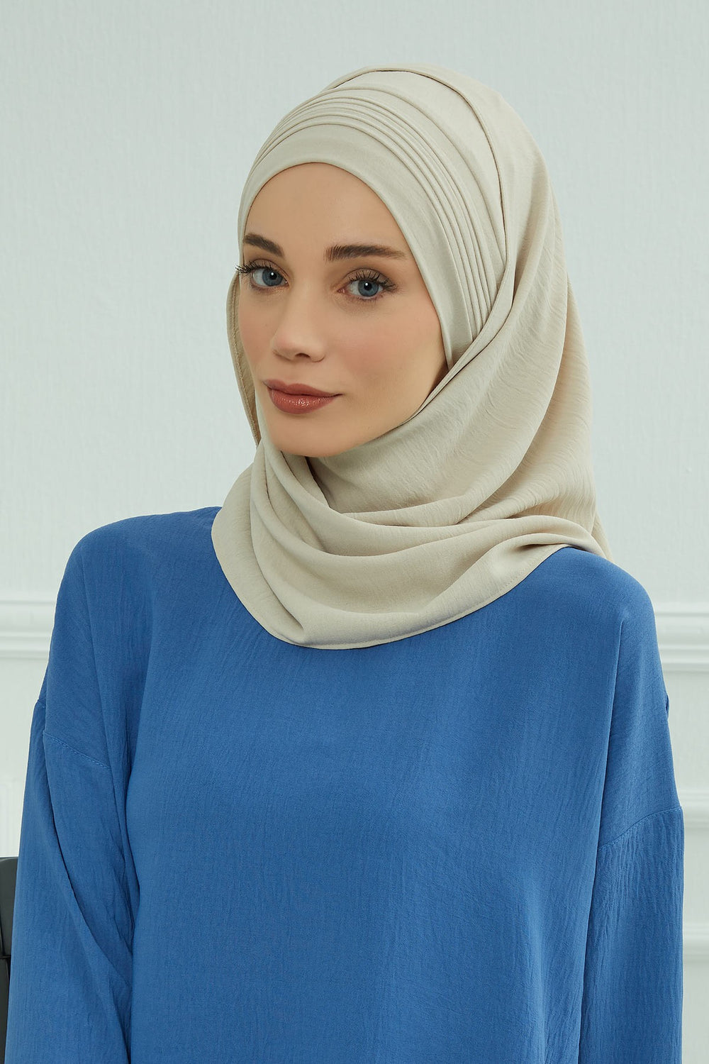 Luxury Instant Pleated Shawl Hijab for Women, Modest Wear Lightweight Aerobin Scarf, Practical Pleated Headscarf for Work, Travel & Events,CPS-90 Beige