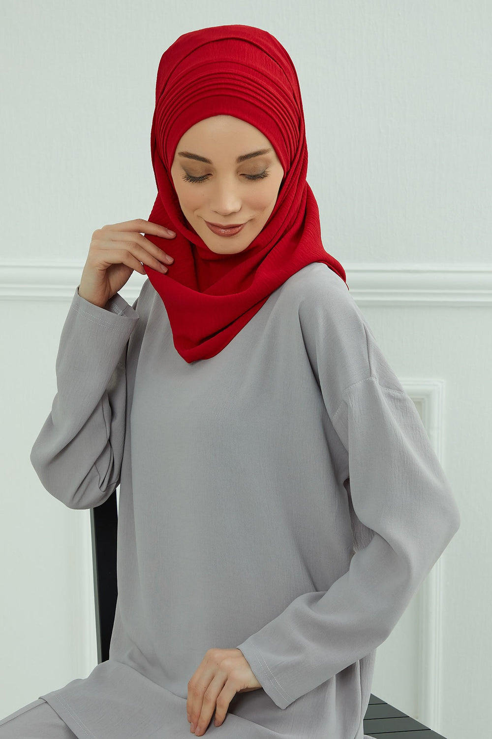 Luxury Instant Pleated Shawl Hijab for Women, Modest Wear Lightweight Aerobin Scarf, Practical Pleated Headscarf for Work, Travel & Events,CPS-90 Red