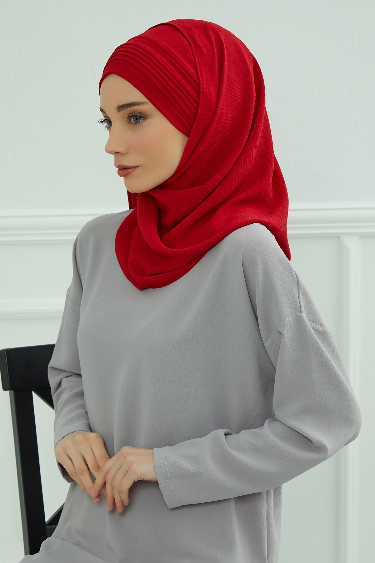 Luxury Instant Pleated Shawl Hijab for Women, Modest Wear Lightweight Aerobin Scarf, Practical Pleated Headscarf for Work, Travel & Events,CPS-90 Red