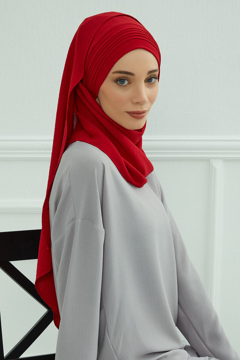 Luxury Instant Pleated Shawl Hijab for Women, Modest Wear Lightweight Aerobin Scarf, Practical Pleated Headscarf for Work, Travel & Events,CPS-90 Red