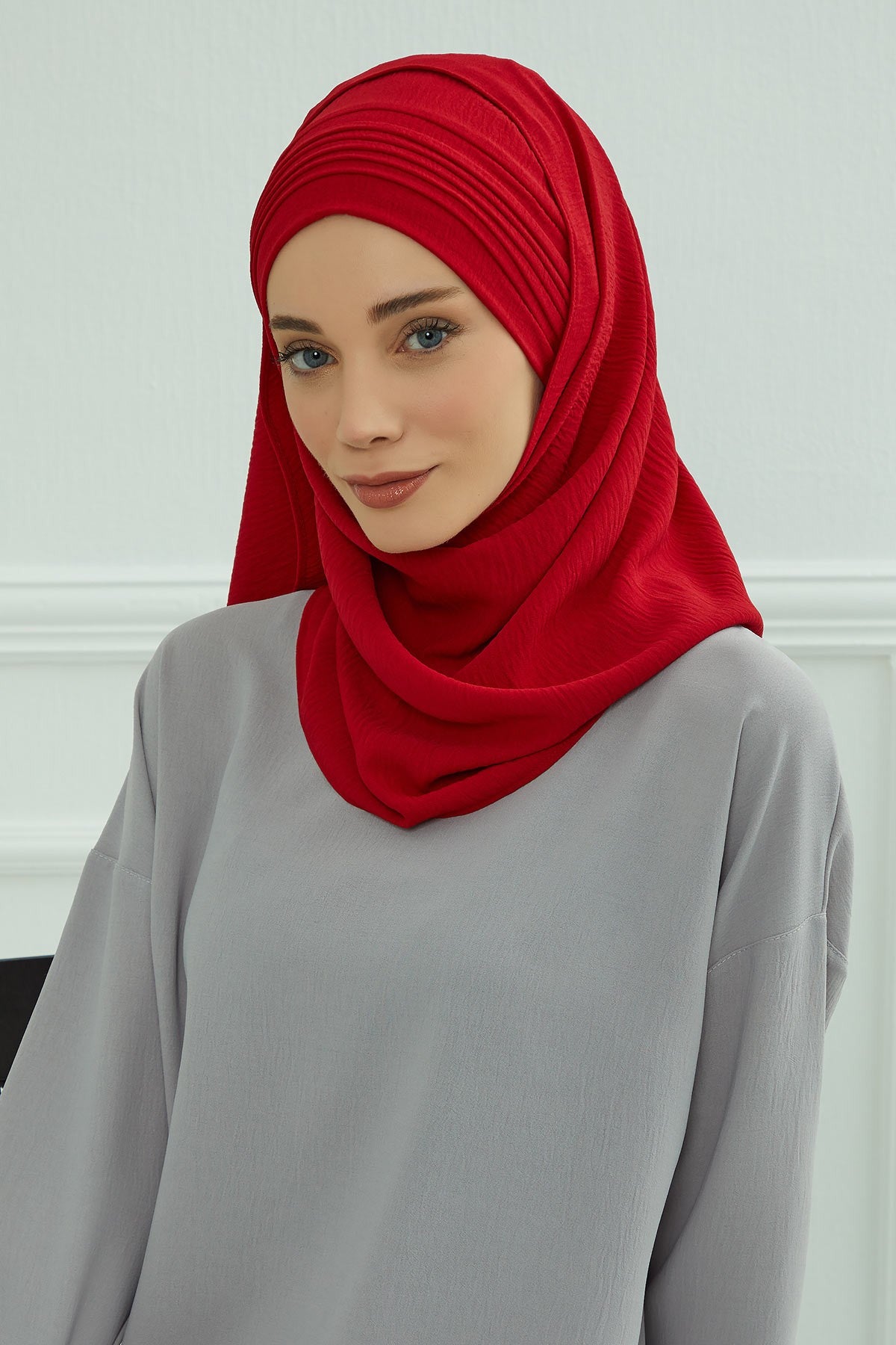 Luxury Instant Pleated Shawl Hijab for Women, Modest Wear Lightweight Aerobin Scarf, Practical Pleated Headscarf for Work, Travel & Events,CPS-90 Red