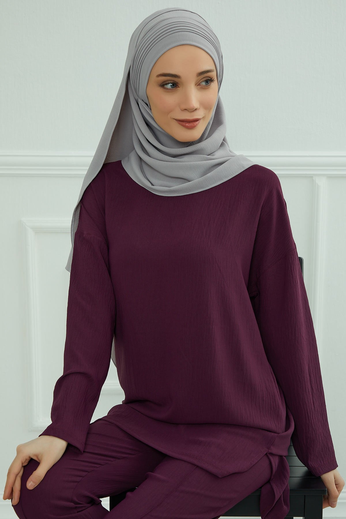 Luxury Instant Pleated Shawl Hijab for Women, Modest Wear Lightweight Aerobin Scarf, Practical Pleated Headscarf for Work, Travel & Events,CPS-90 Grey