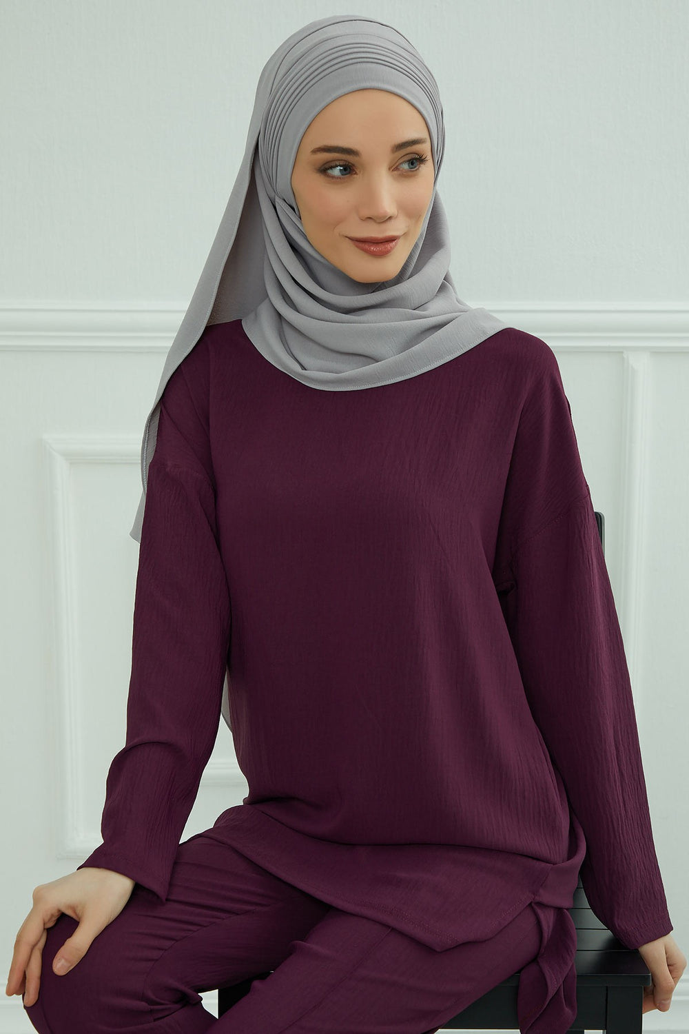 Luxury Instant Pleated Shawl Hijab for Women, Modest Wear Lightweight Aerobin Scarf, Practical Pleated Headscarf for Work, Travel & Events,CPS-90 Grey