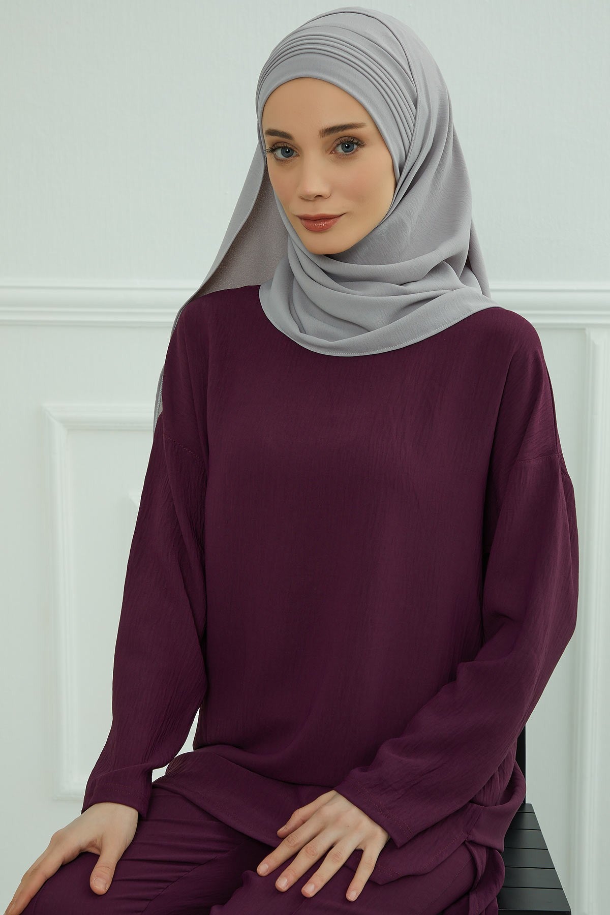 Luxury Instant Pleated Shawl Hijab for Women, Modest Wear Lightweight Aerobin Scarf, Practical Pleated Headscarf for Work, Travel & Events,CPS-90 Grey