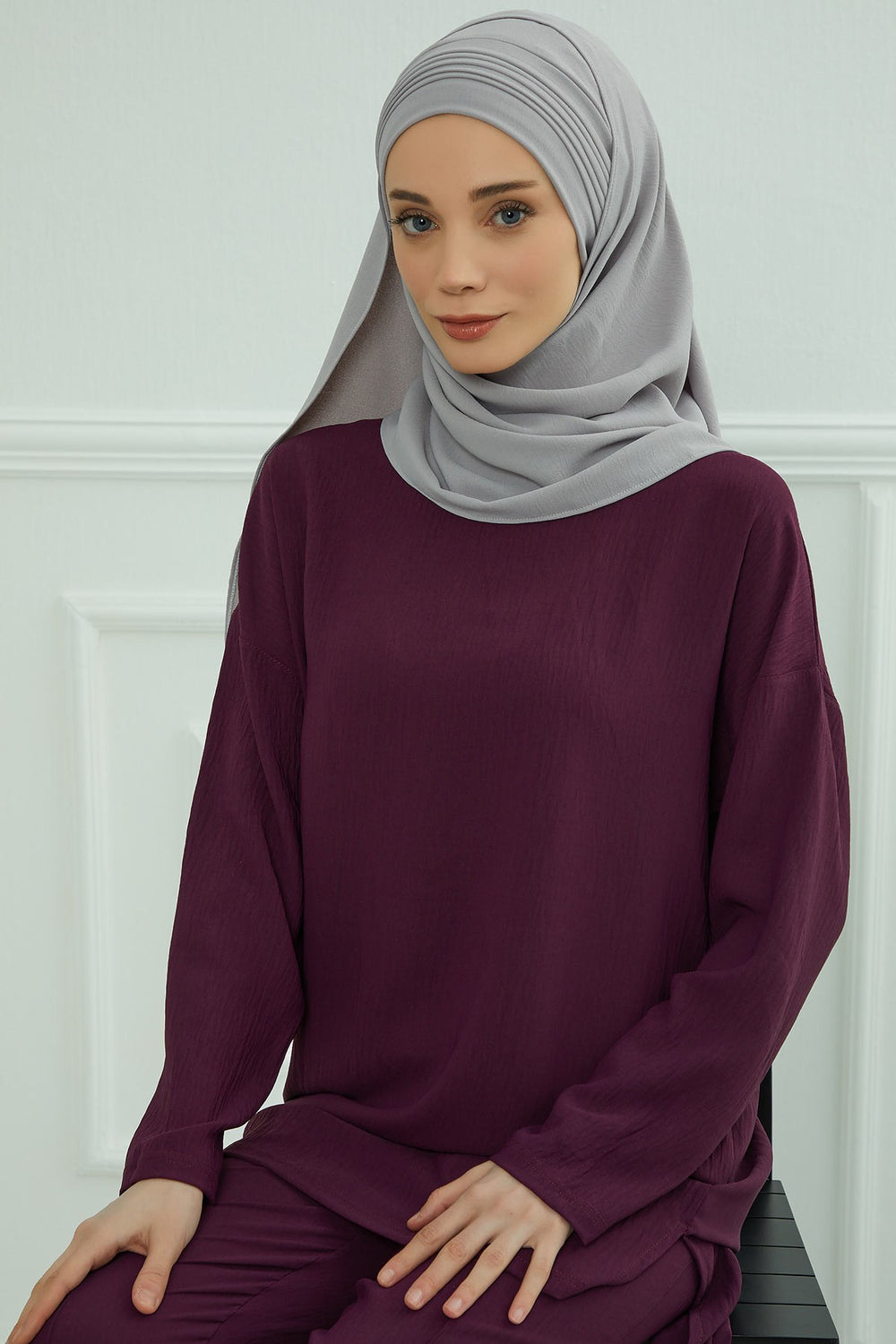 Luxury Instant Pleated Shawl Hijab for Women, Modest Wear Lightweight Aerobin Scarf, Practical Pleated Headscarf for Work, Travel & Events,CPS-90 Grey