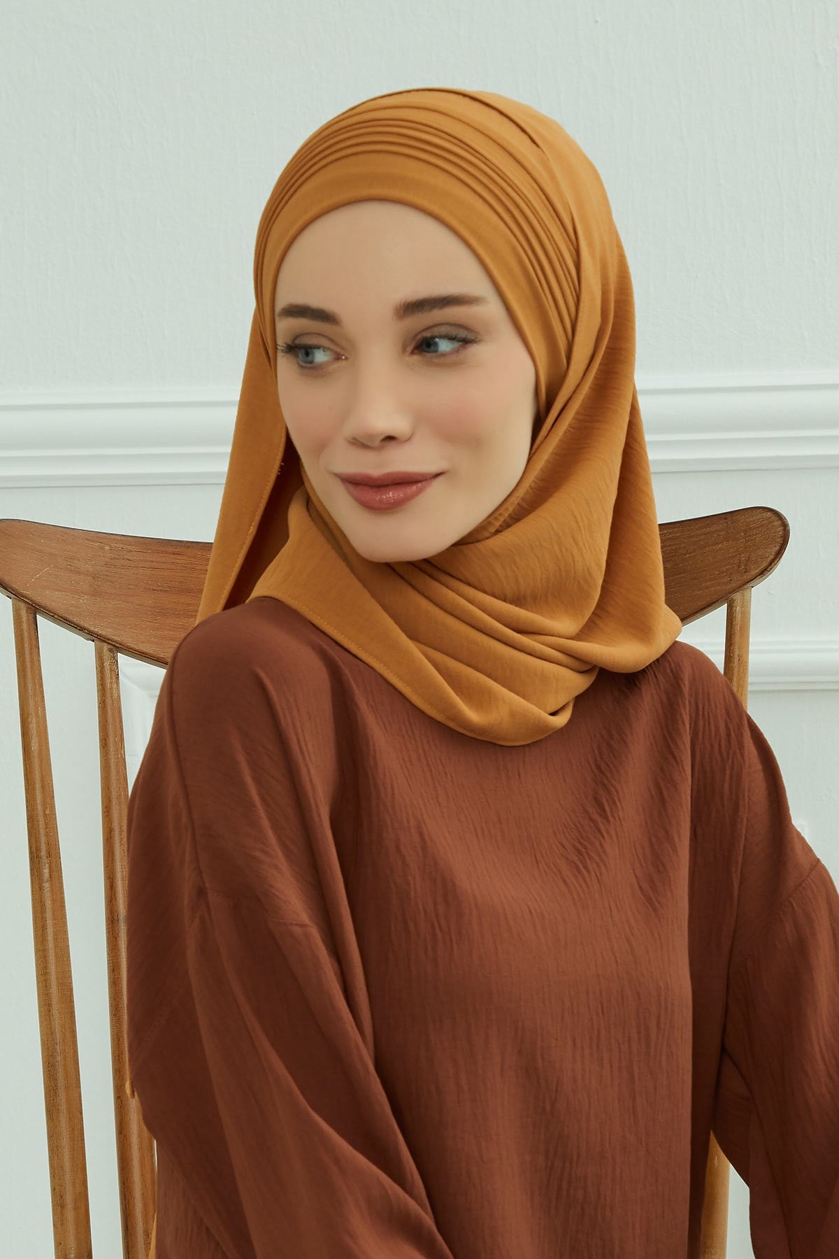 Luxury Instant Pleated Shawl Hijab for Women, Modest Wear Lightweight Aerobin Scarf, Practical Pleated Headscarf for Work, Travel & Events,CPS-90 Tawny Brown