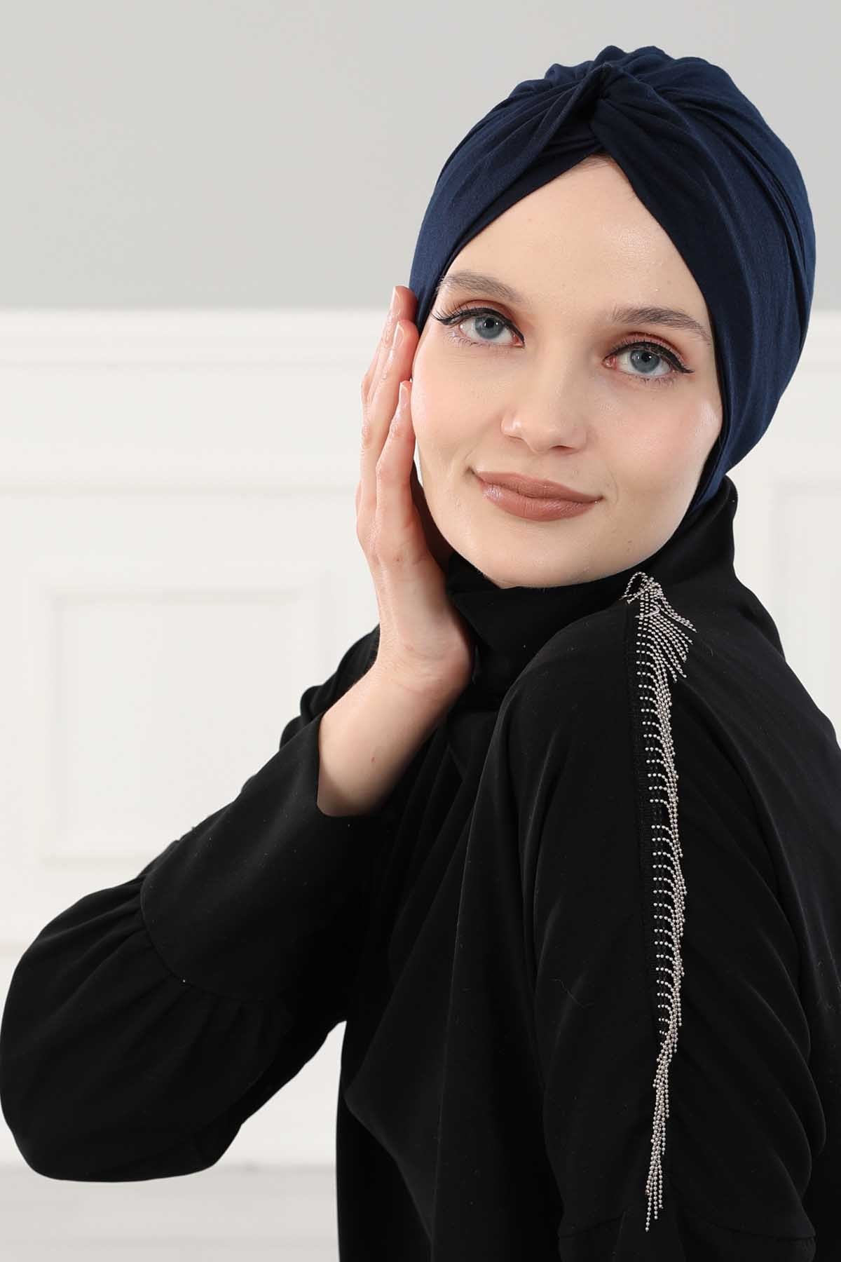 Maharajah Instant Turban Hijab for Women Headwrap Lightweight Headscarf Modest Headwear, Plain Stylish Bonnet Cap for Women,B-4 Navy Blue
