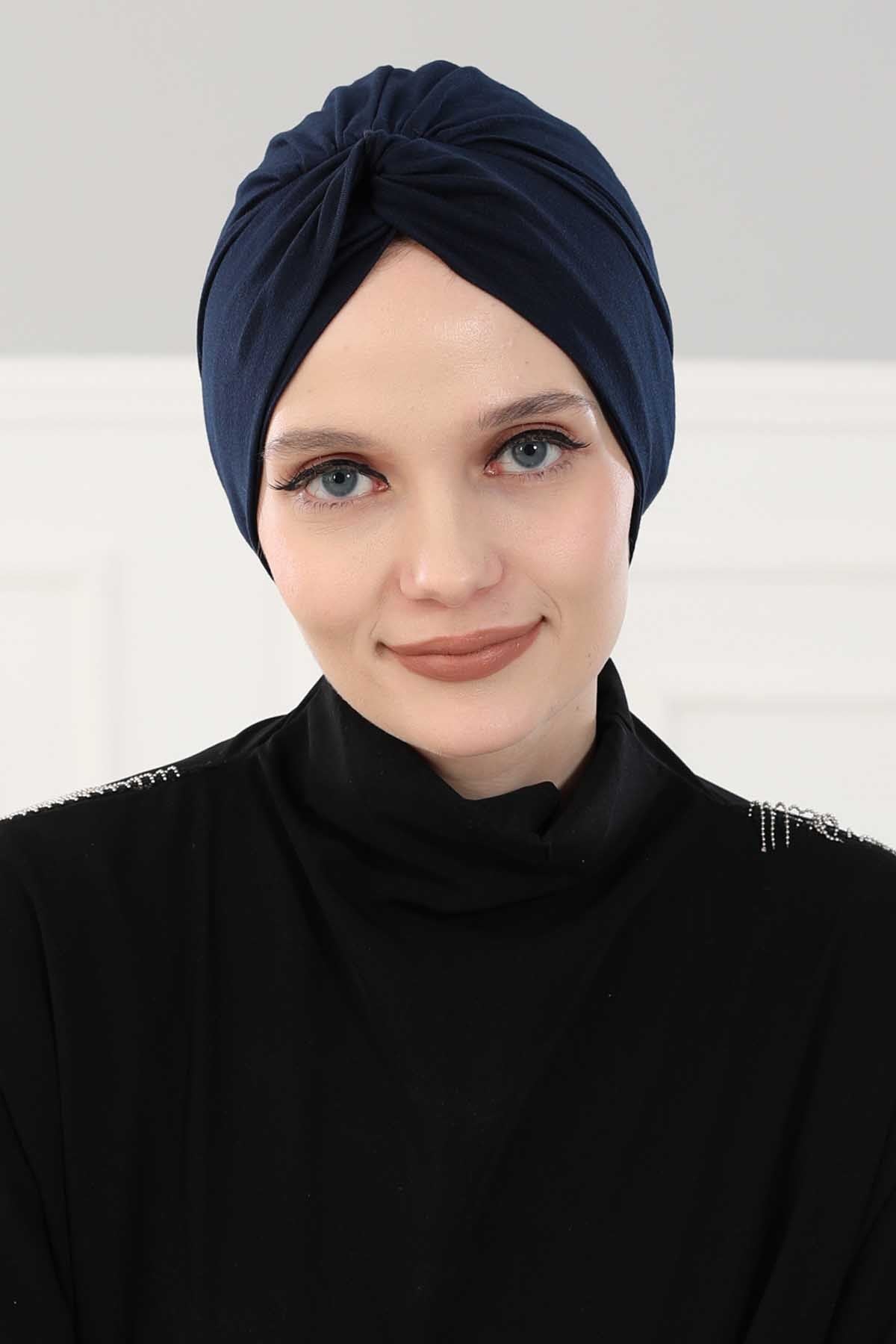 Maharajah Instant Turban Hijab for Women Headwrap Lightweight Headscarf Modest Headwear, Plain Stylish Bonnet Cap for Women,B-4 Navy Blue