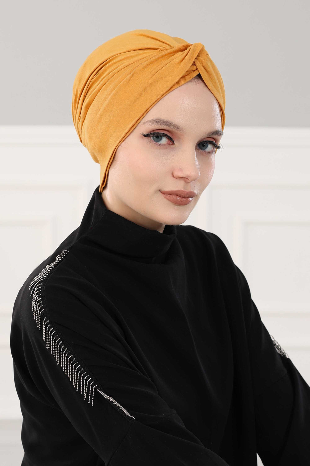 Maharajah Instant Turban Hijab for Women Headwrap Lightweight Headscarf Modest Headwear, Plain Stylish Bonnet Cap for Women,B-4 Mustard Yellow