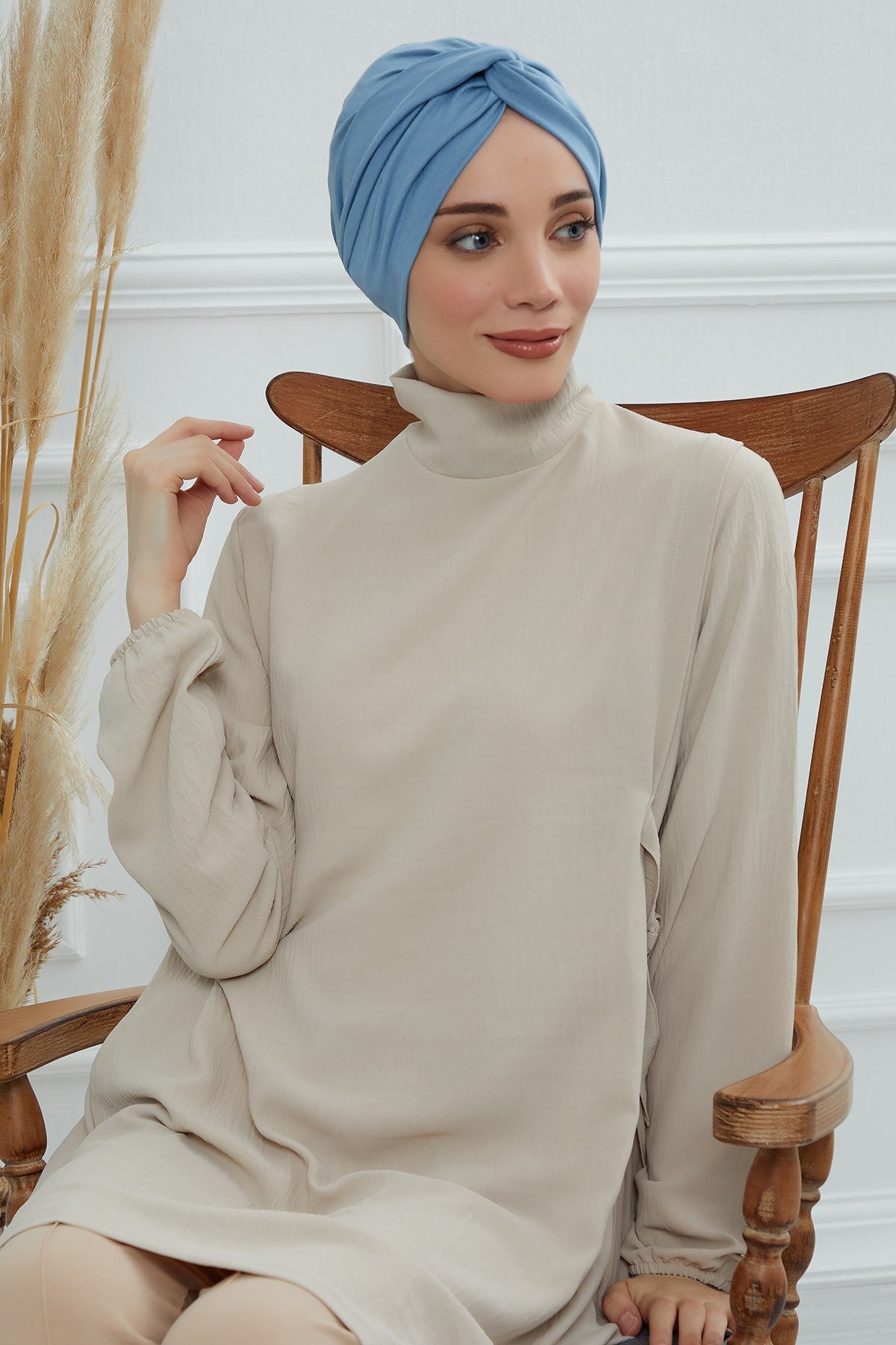 Maharajah Instant Turban Hijab for Women Headwrap Lightweight Headscarf Modest Headwear, Plain Stylish Bonnet Cap for Women,B-4 Blue