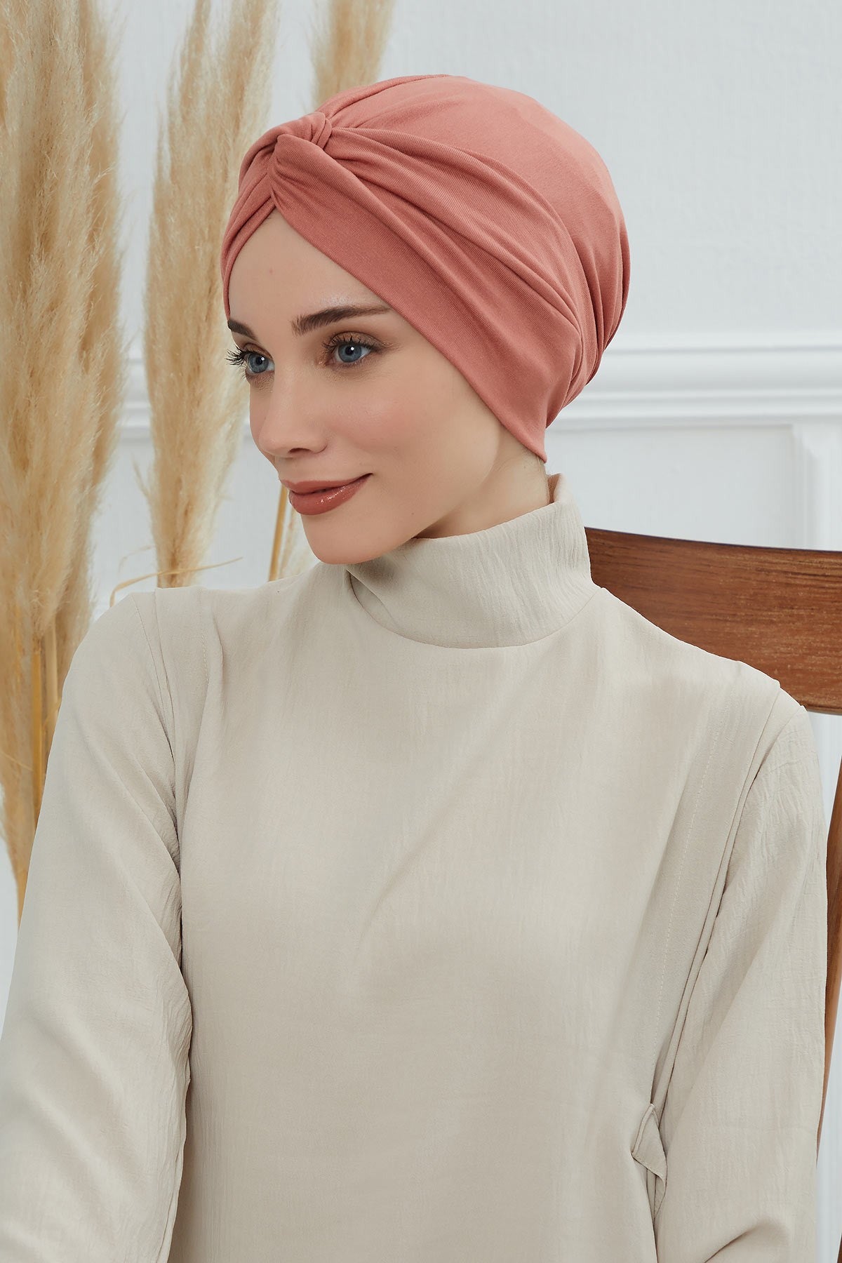 Maharajah Instant Turban Hijab for Women Headwrap Lightweight Headscarf Modest Headwear, Plain Stylish Bonnet Cap for Women,B-4 Salmon