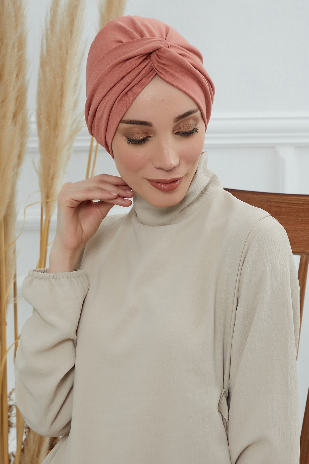 Maharajah Instant Turban Hijab for Women Headwrap Lightweight Headscarf Modest Headwear, Plain Stylish Bonnet Cap for Women,B-4 Salmon
