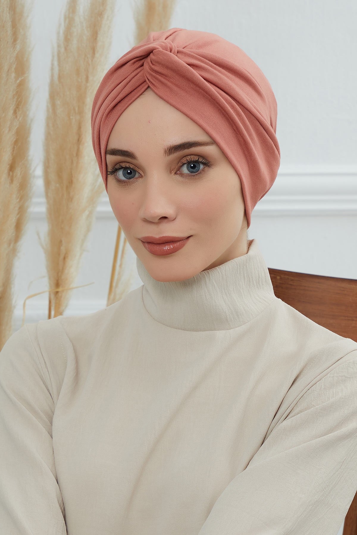 Maharajah Instant Turban Hijab for Women Headwrap Lightweight Headscarf Modest Headwear, Plain Stylish Bonnet Cap for Women,B-4 Salmon