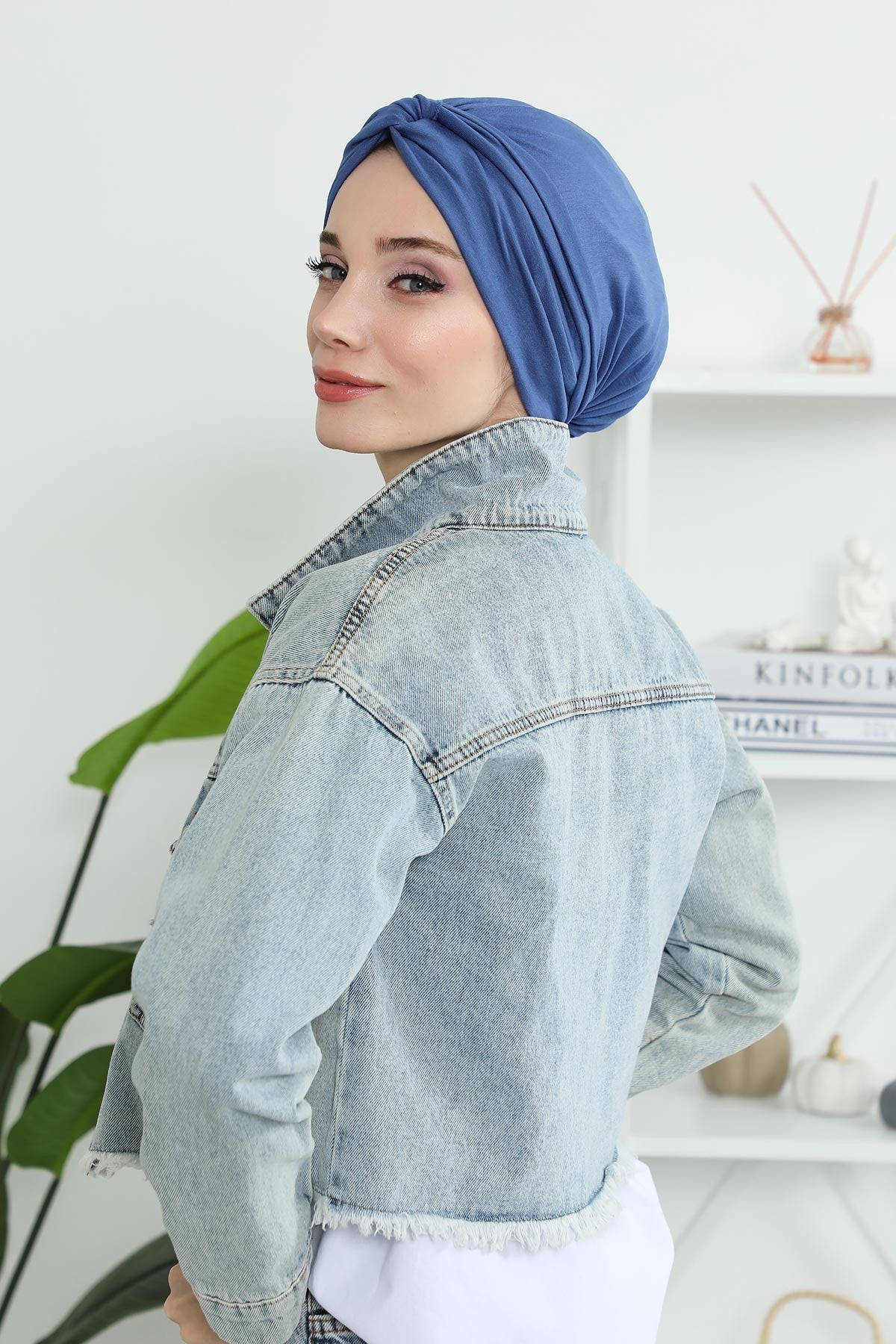 Maharajah Instant Turban Hijab for Women Headwrap Lightweight Headscarf Modest Headwear, Plain Stylish Bonnet Cap for Women,B-4 İndigo