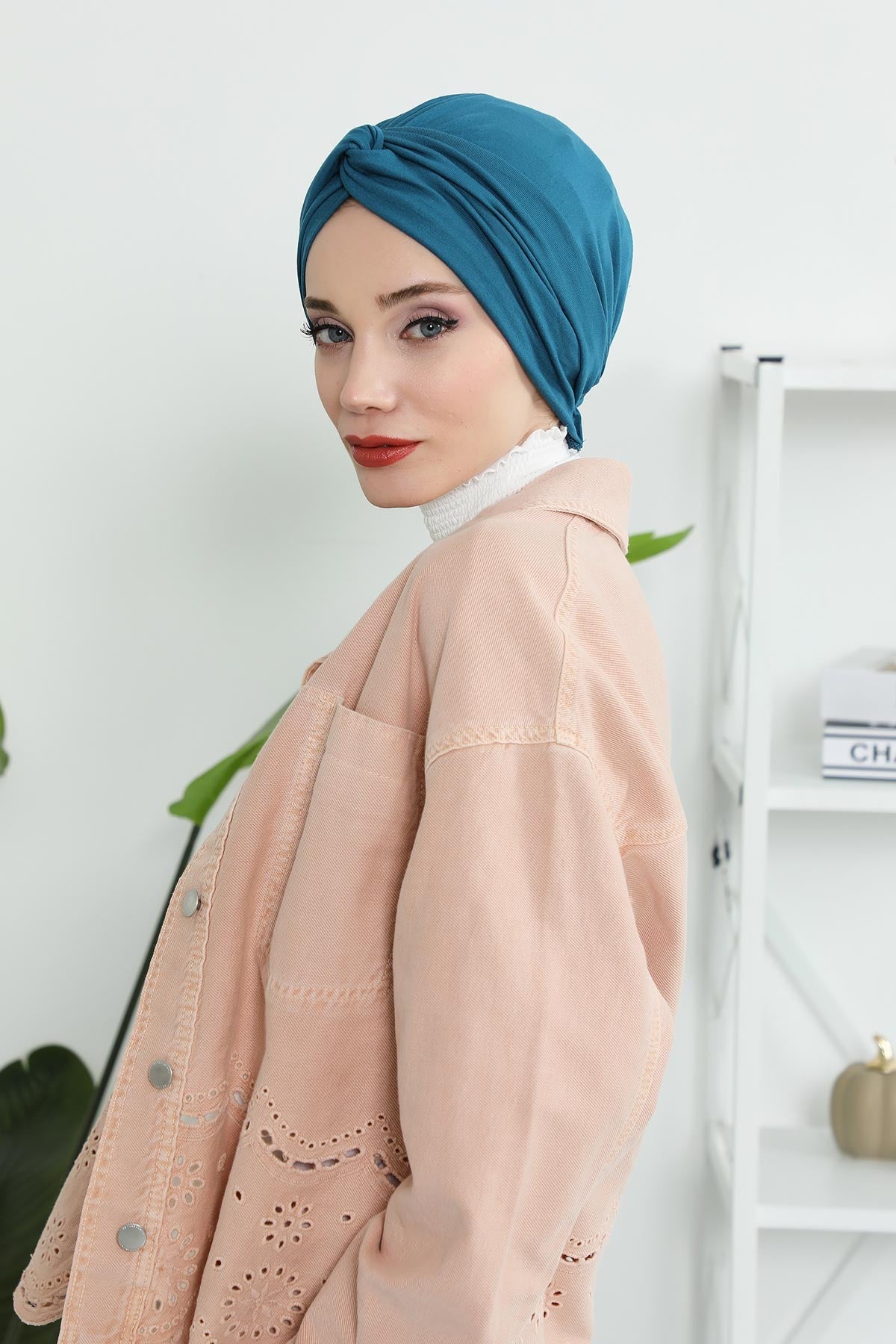 Maharajah Instant Turban Hijab for Women Headwrap Lightweight Headscarf Modest Headwear, Plain Stylish Bonnet Cap for Women,B-4 Petrol Blue