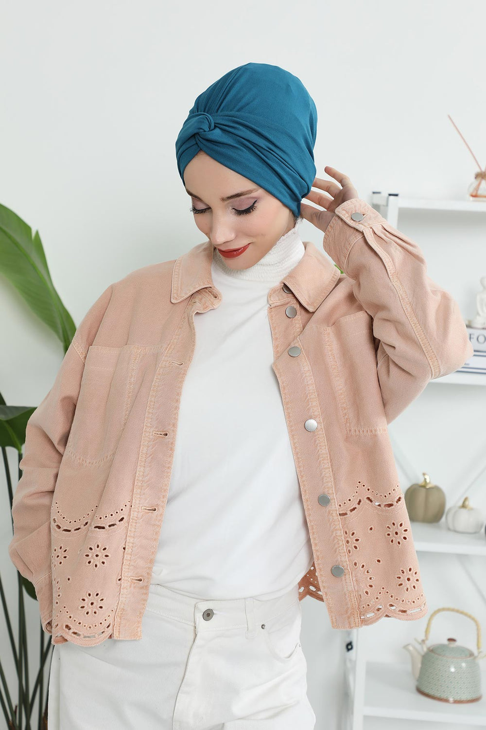 Maharajah Instant Turban Hijab for Women Headwrap Lightweight Headscarf Modest Headwear, Plain Stylish Bonnet Cap for Women,B-4 Petrol Blue